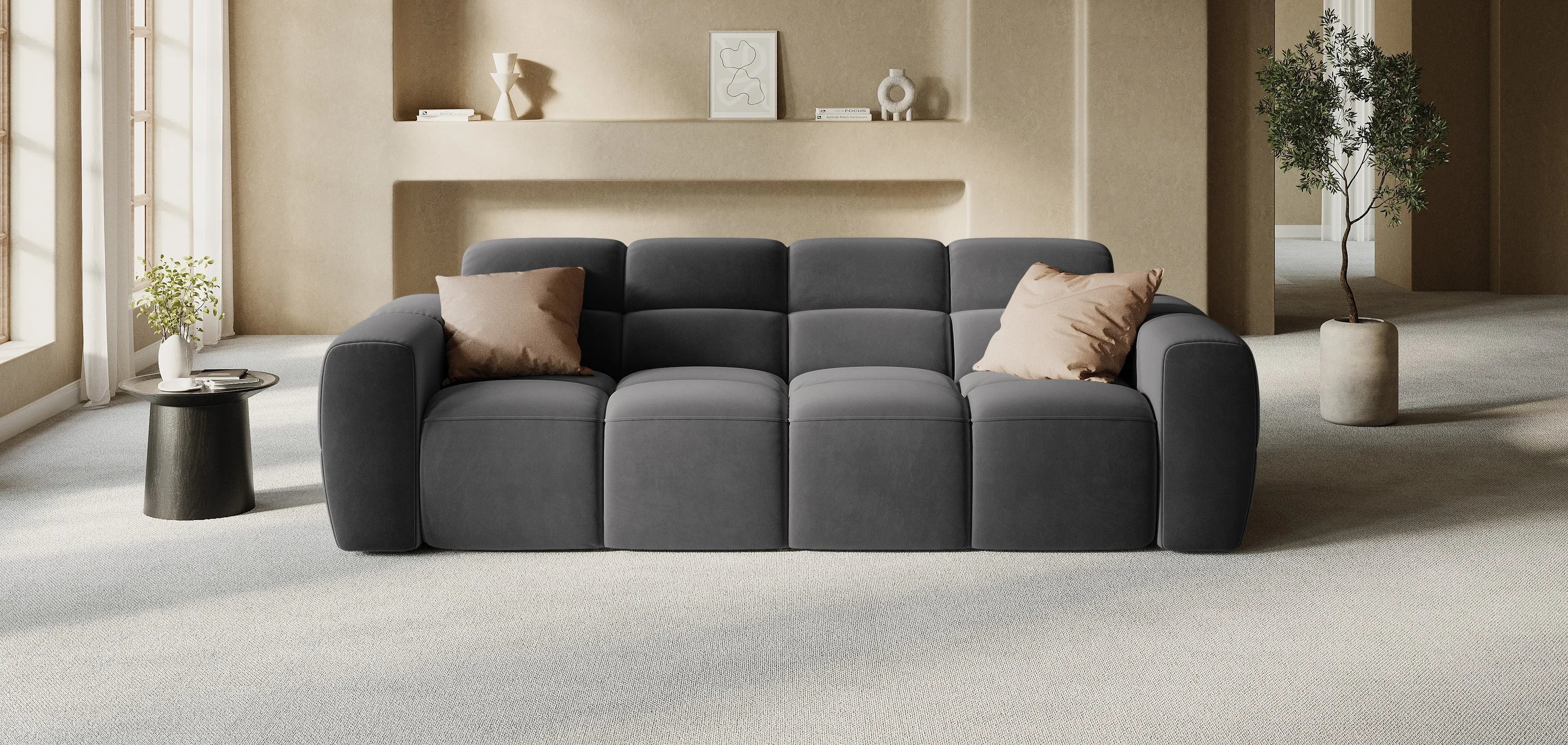 Sofa grafitowa w nowoczesnym salonie