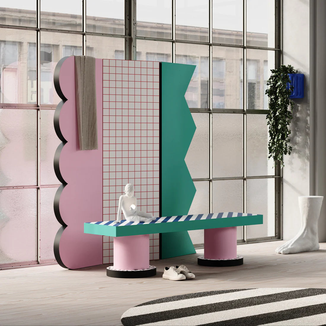 Parawan mit Spiegel SUPERSCREEN RED GRID rosa mit türkis