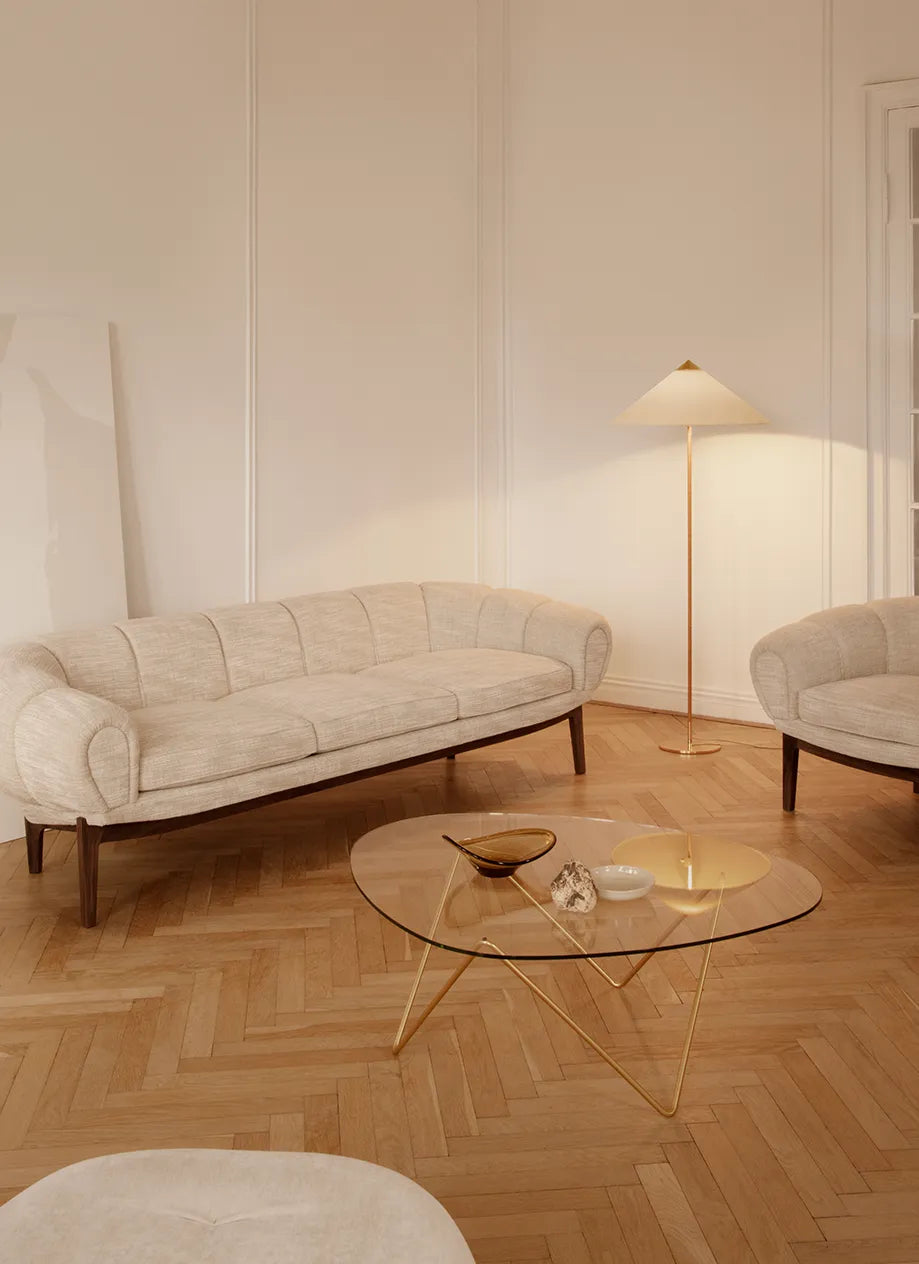 Stolik kawowy PEDRERA transparentne szkło z mosiężną podstawą