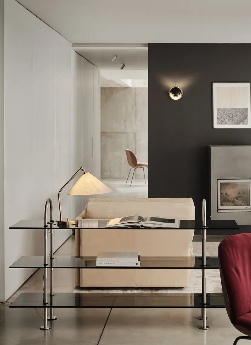 Regał KEEN przydymione szkło z satynową stalową ramą