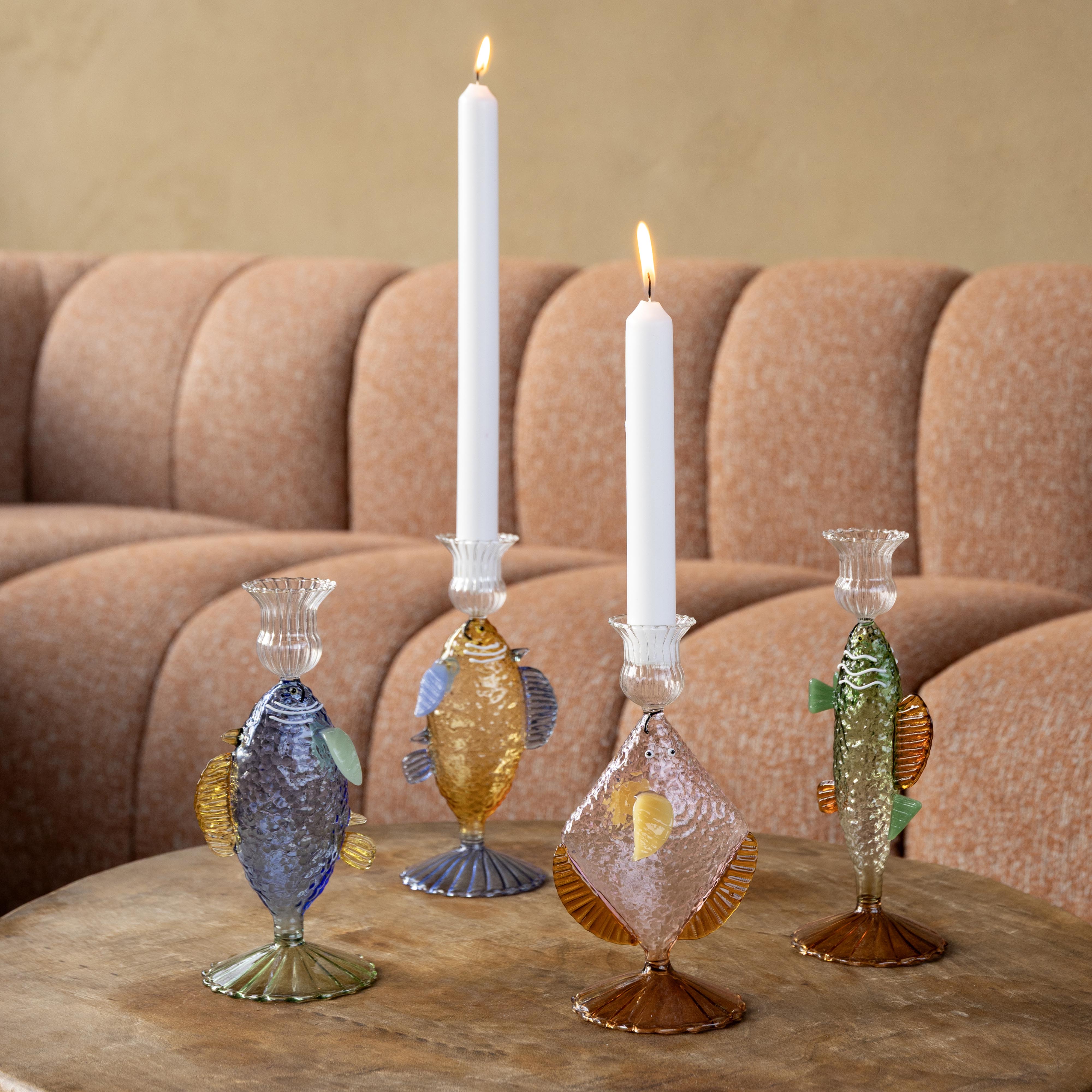 Blue Glass Candle Holder FISH with Green and Yellow