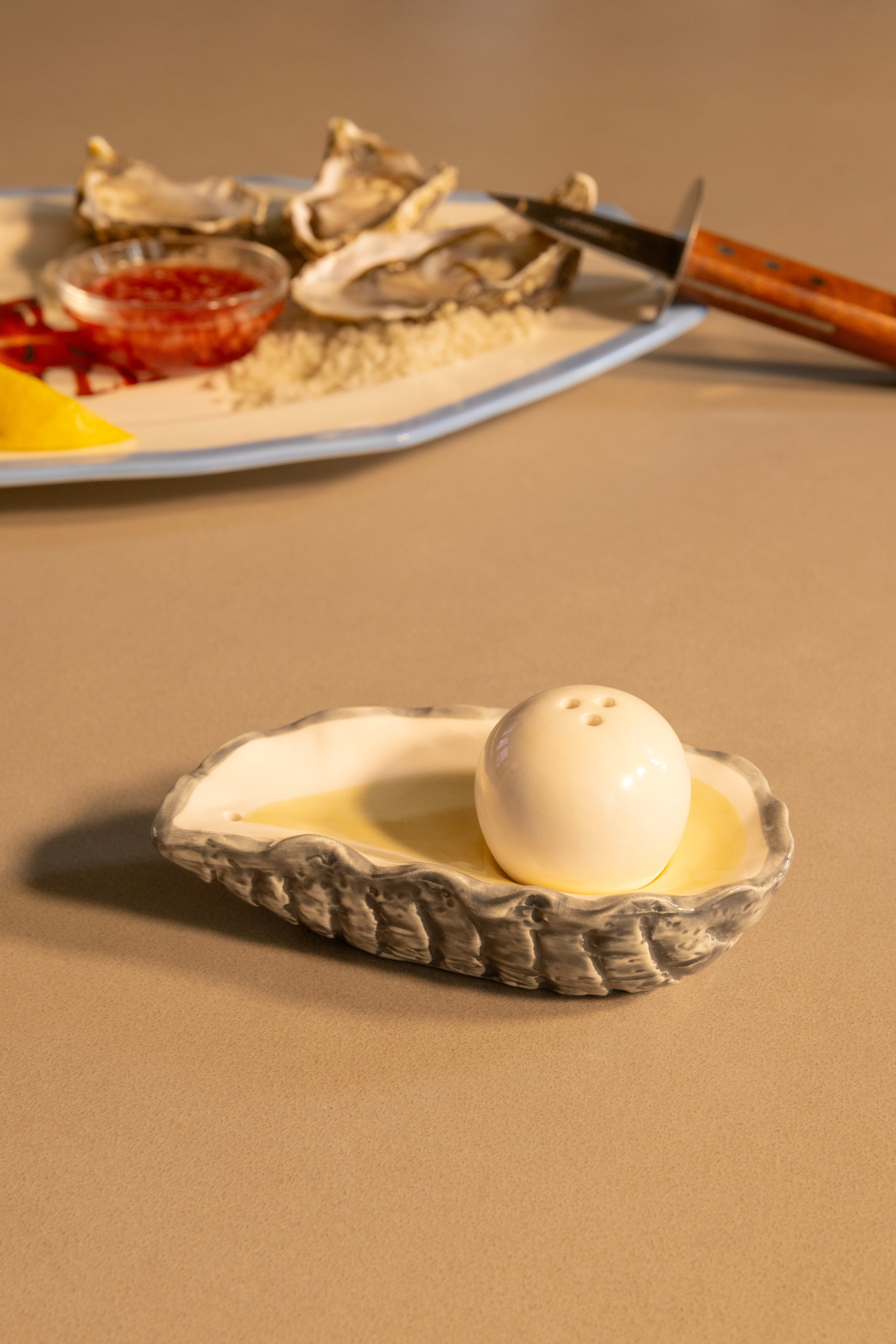 Gray OYSTER salt and pepper shaker with yellow and white