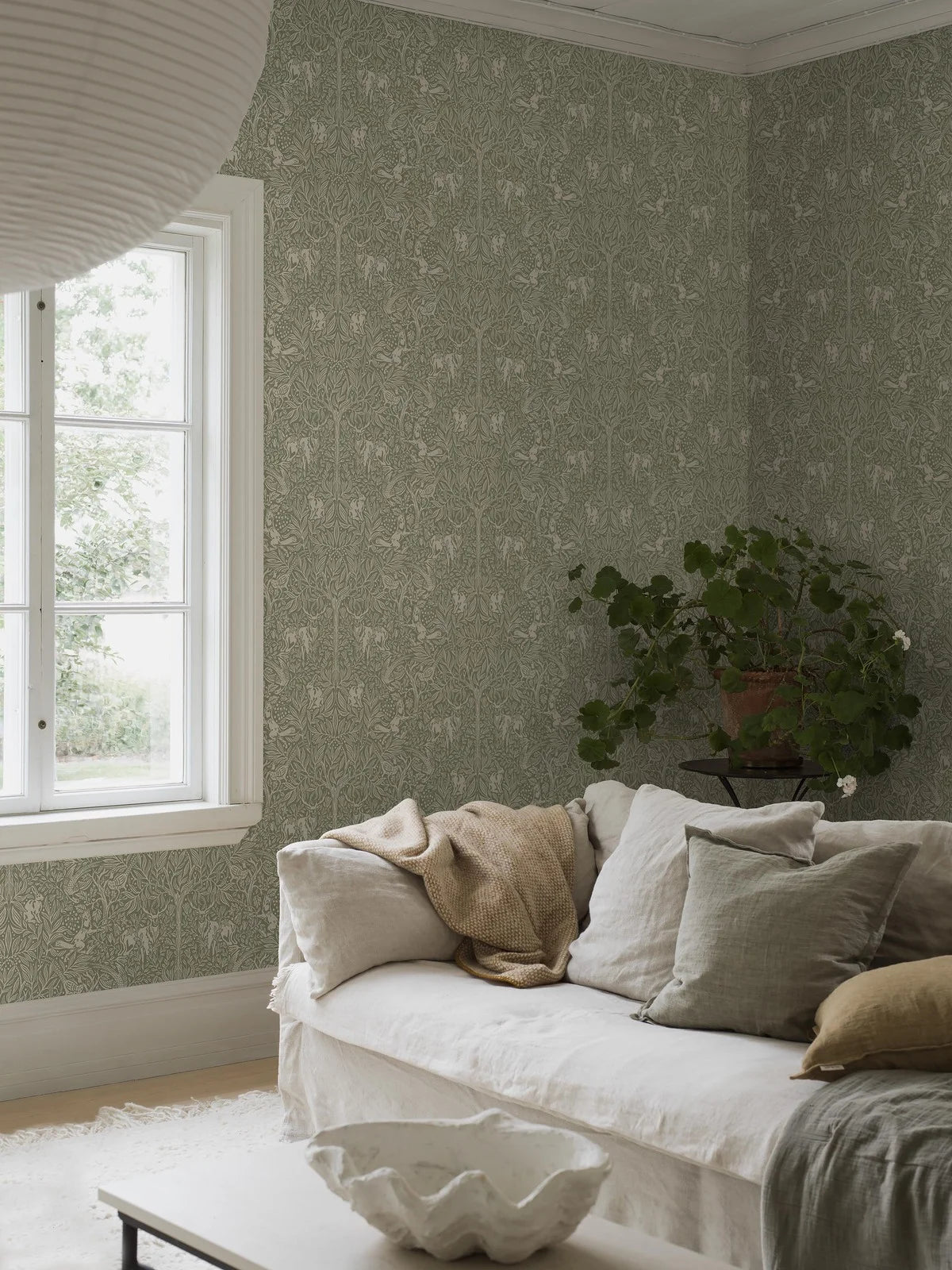 Wallpaper with a botanical pattern and forest theme UNDER THE ELDER TREE green with white