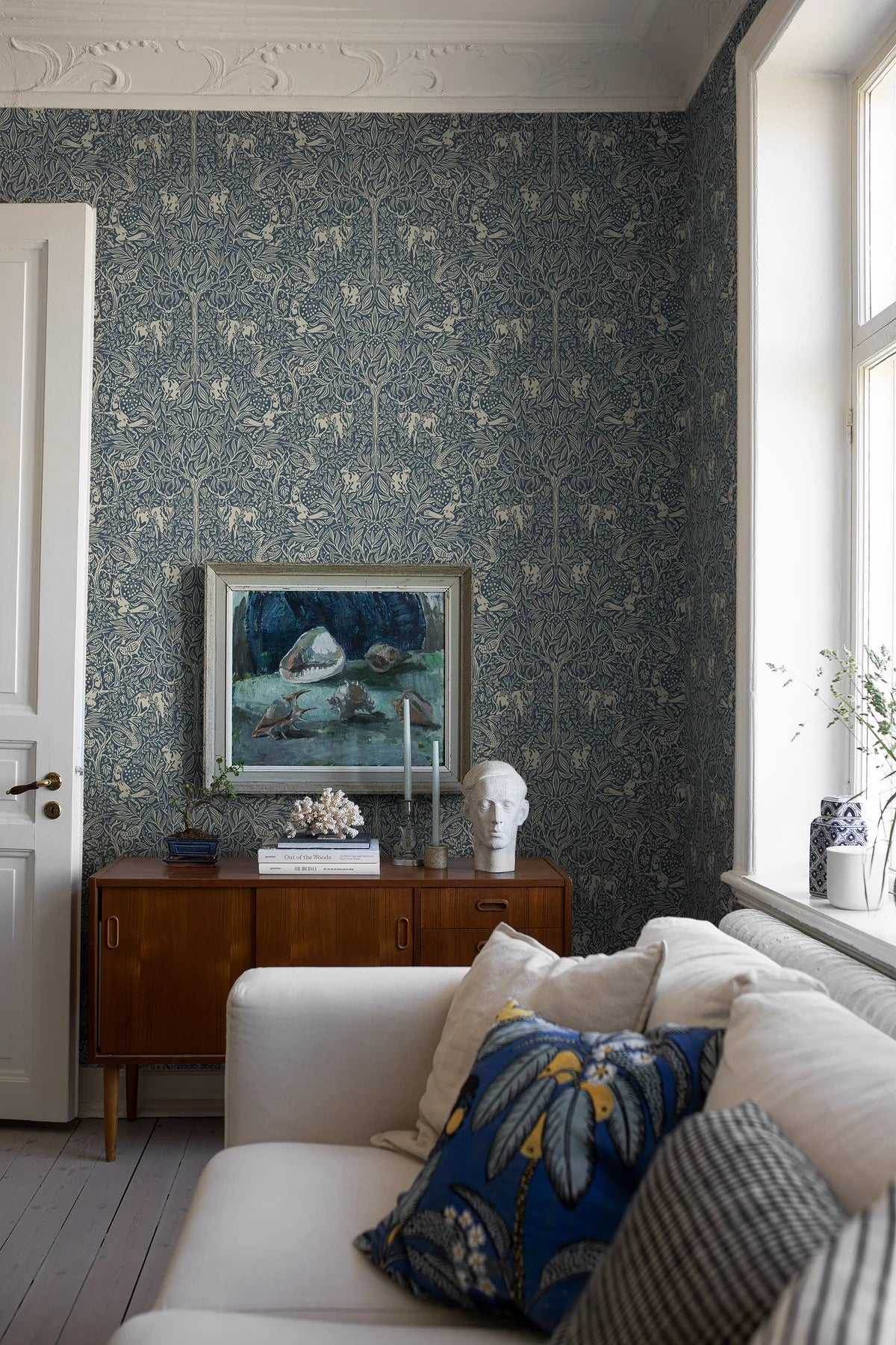 Wallpaper with a botanical pattern and forest theme UNDER THE ELDER TREE navy blue with white