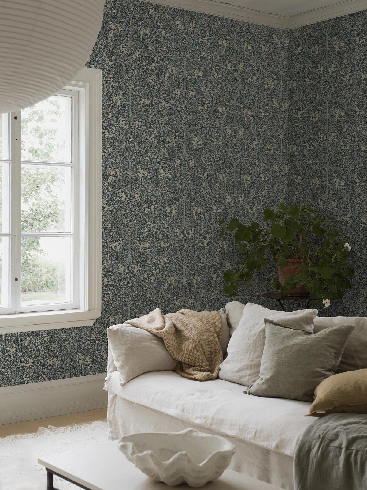 Wallpaper with a botanical pattern and forest theme UNDER THE ELDER TREE navy blue with white