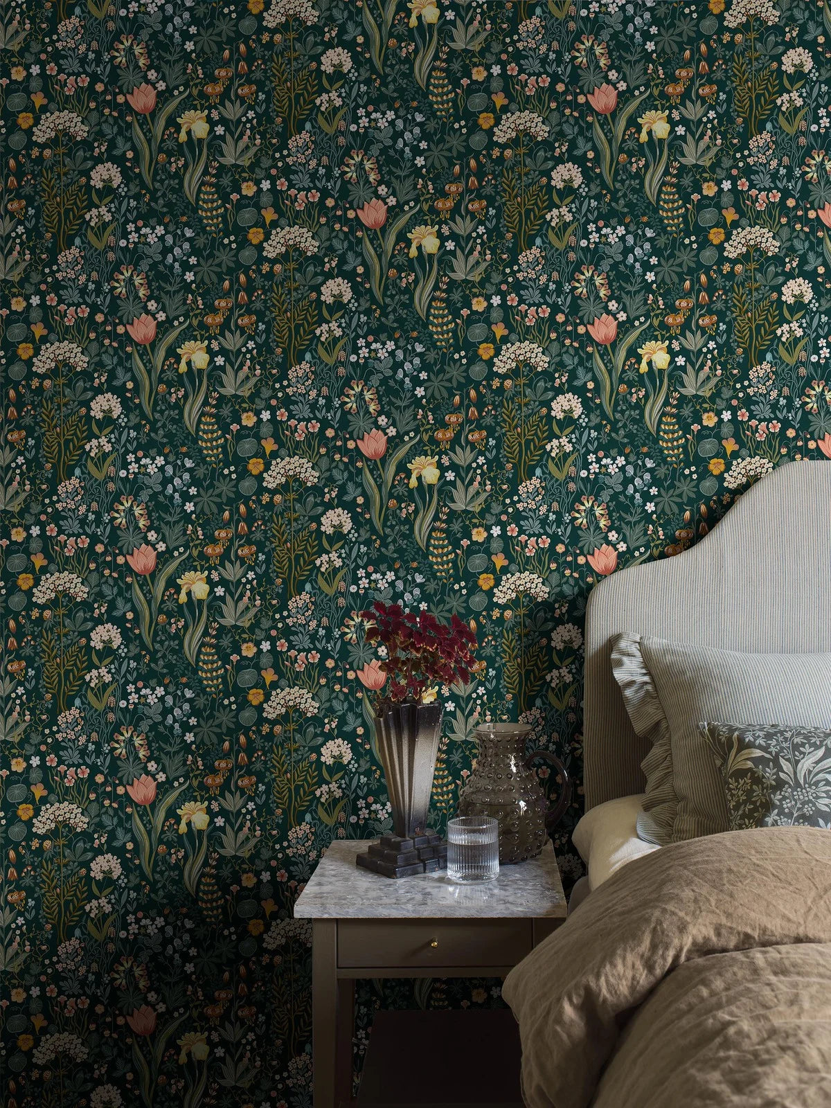 Floral Pattern Wallpaper BLOMSTERHAV Navy Blue with Green