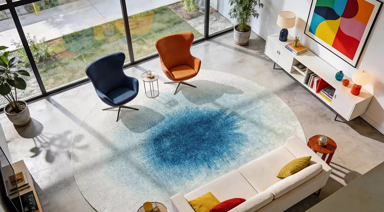 Runder Teppich DROP weiß mit Blau