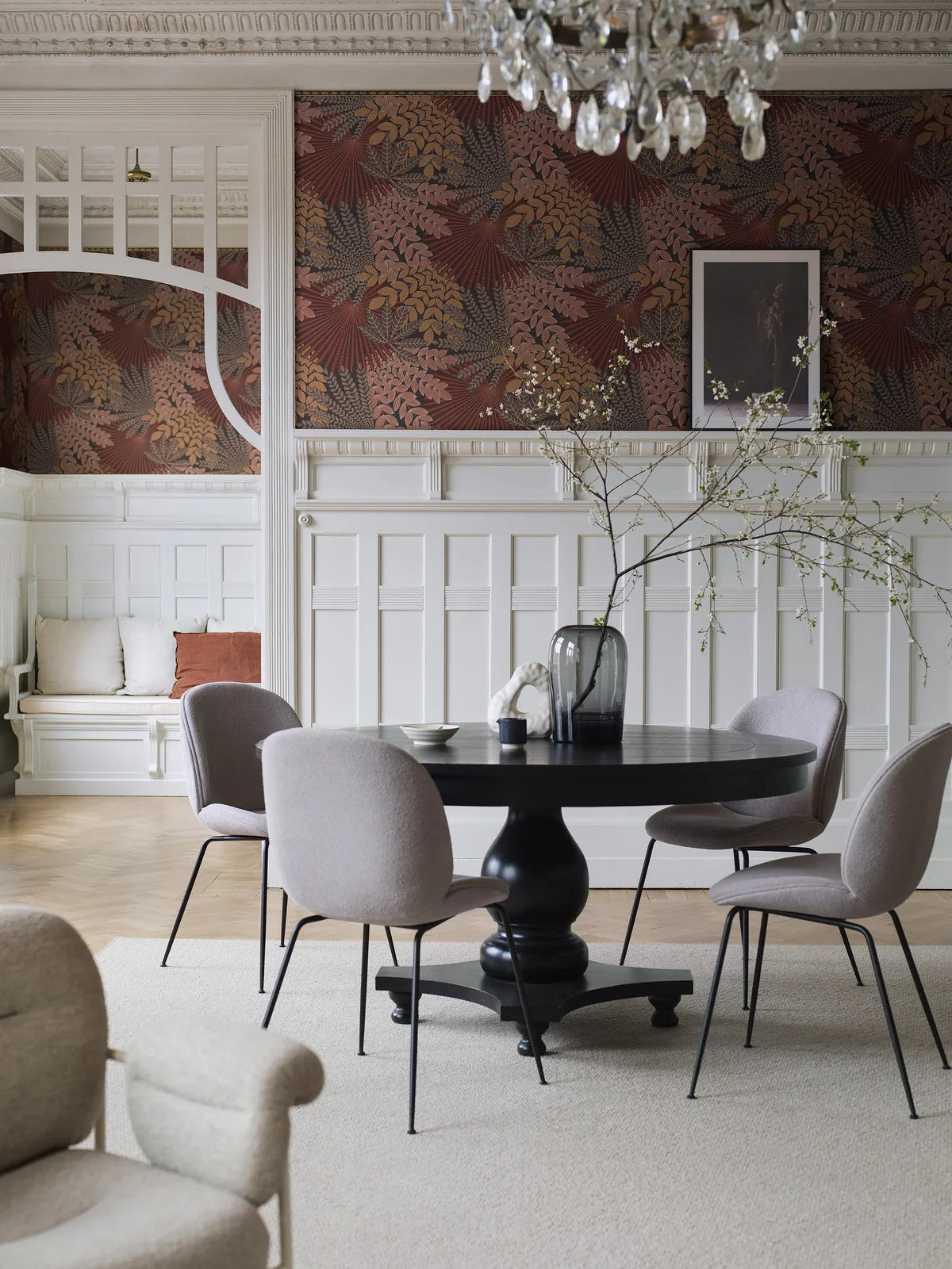 Orange Velvet Leaves Floral Wallpaper with Red