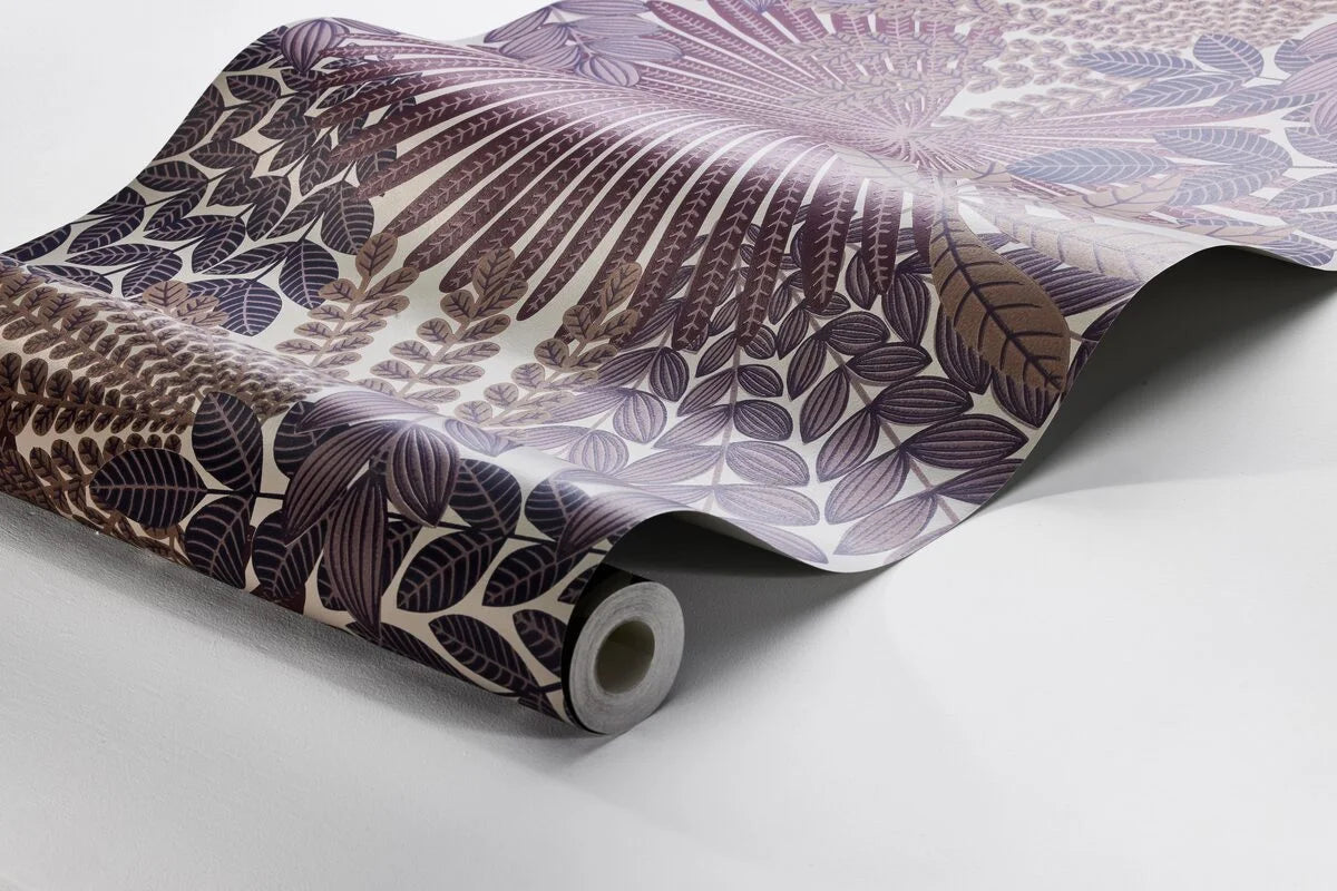 Tapete mit pflanzlichem Motiv VELVET LEAVES lila mit beige