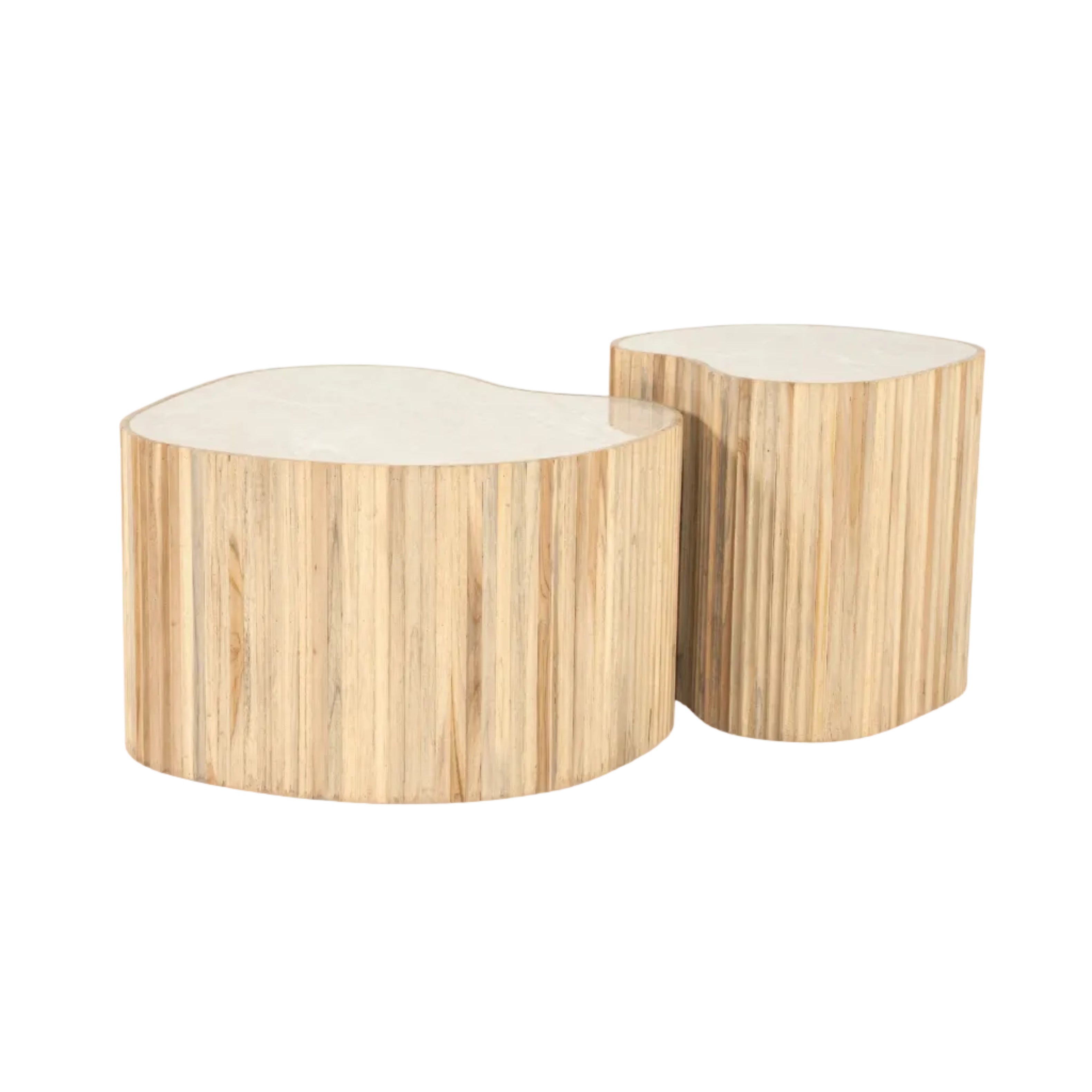 Zestaw stolików kawowych NICE drewno tekowe z beżową ceramiką
