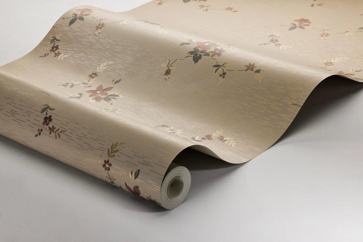 SAGA Brown Floral Pattern Wallpaper with Burgundy