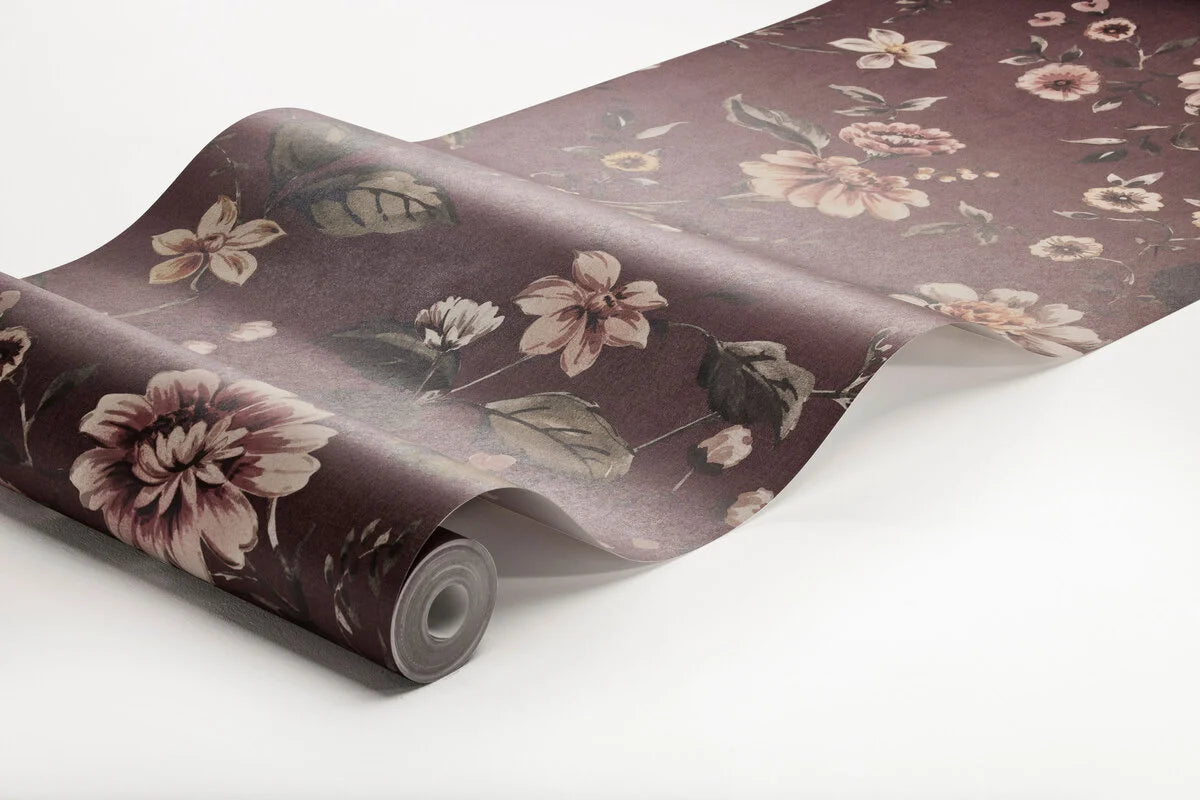 Strukturelles Wandbild mit floralem Blumenmuster MARION’S bordeaux mit Weiß