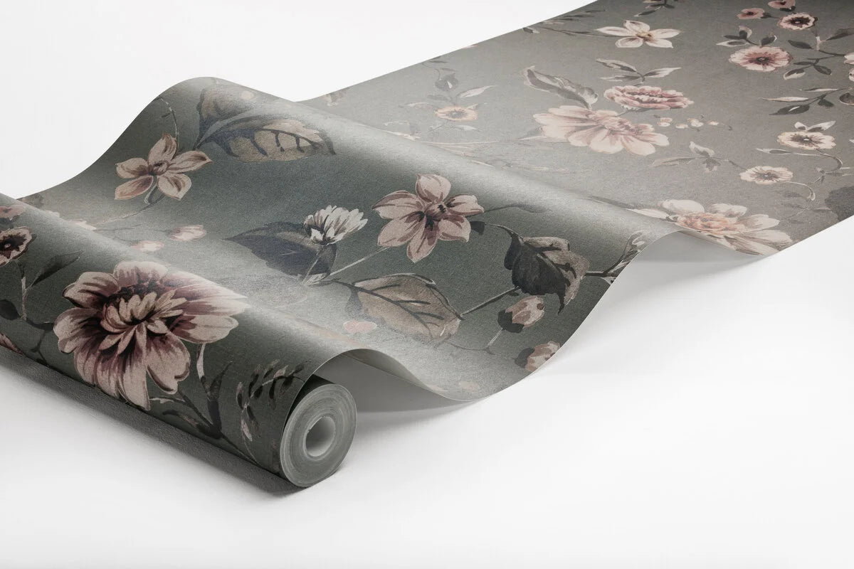 Mural strukturalny z roślinnym wzorem kwiatów MARION’S szary z różowym