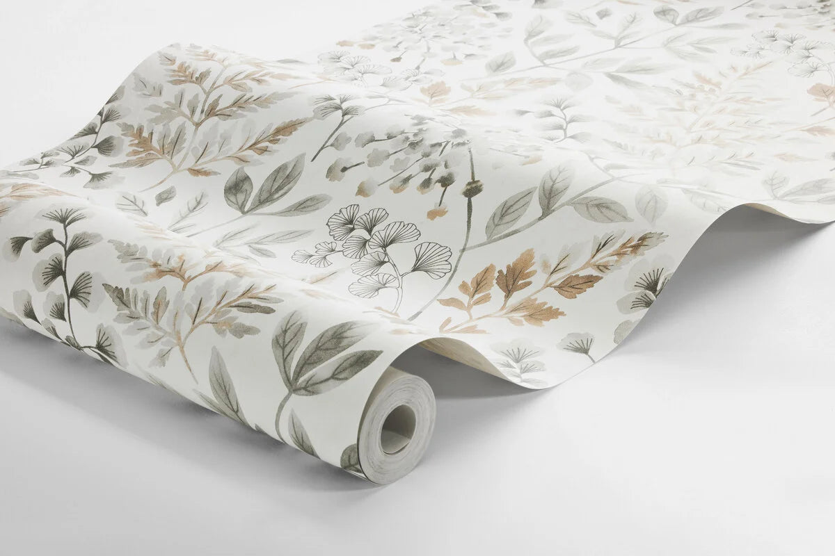 Tapeta flizelinowa papierowa z roślinnym wzorem SIGRID beżowym z zielonym