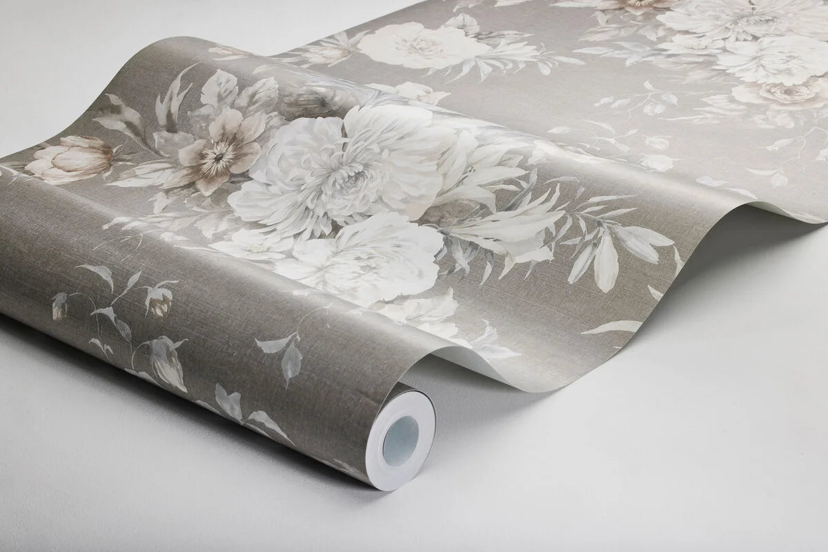 Tapeta flizelinowa papierowa z roślinnym wzorem FLORAL CHARM brązowy z białym