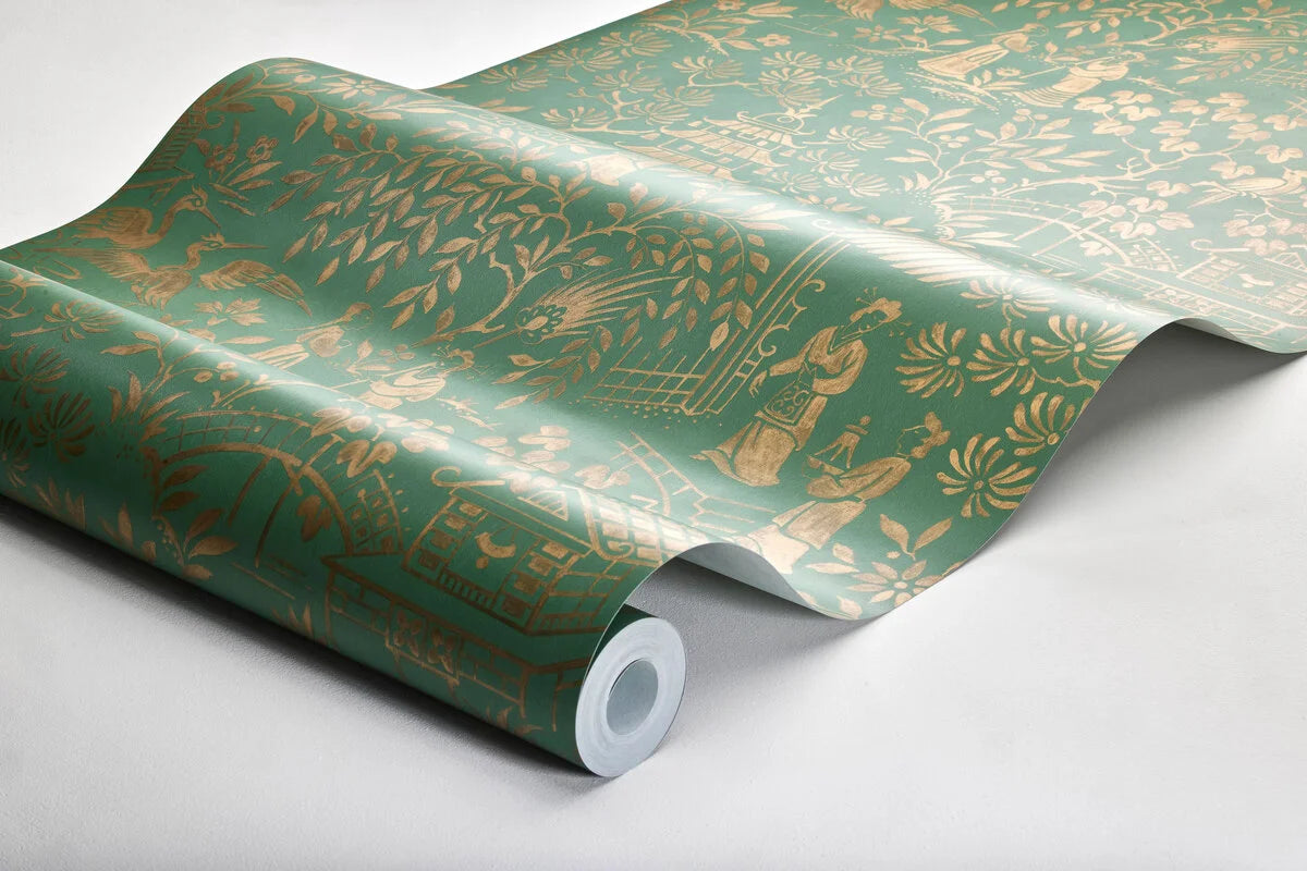 Non-woven paper wallpaper with a botanical pattern ORIENTAL GARDEN green with gold