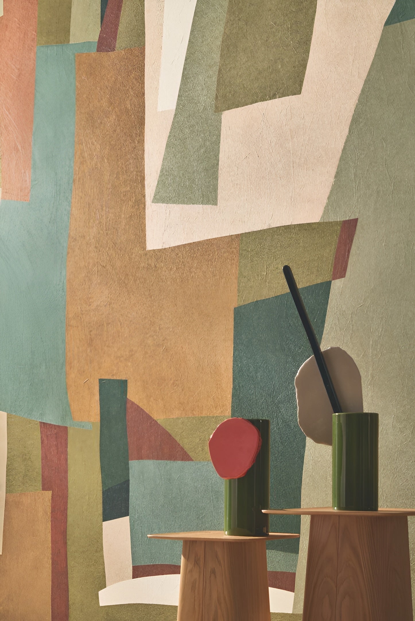 Mural tekstylny z abstrakcyjnym motywem VERNISSAGE - MULTICOLORE zieleń z beżem i morskim niebieskim