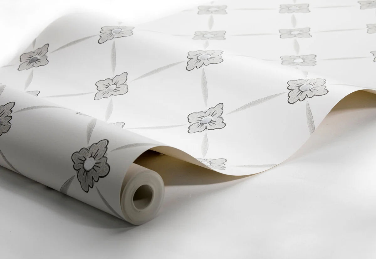 Tapeta flizelinowa papierowa z roślinnym wzorem LINNÉ ciepły biały z szarobeżowym