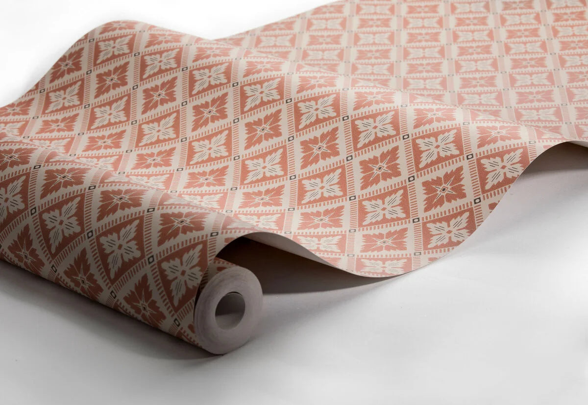 Non-woven paper wallpaper with geometric pattern LOKA burnt orange with beige
