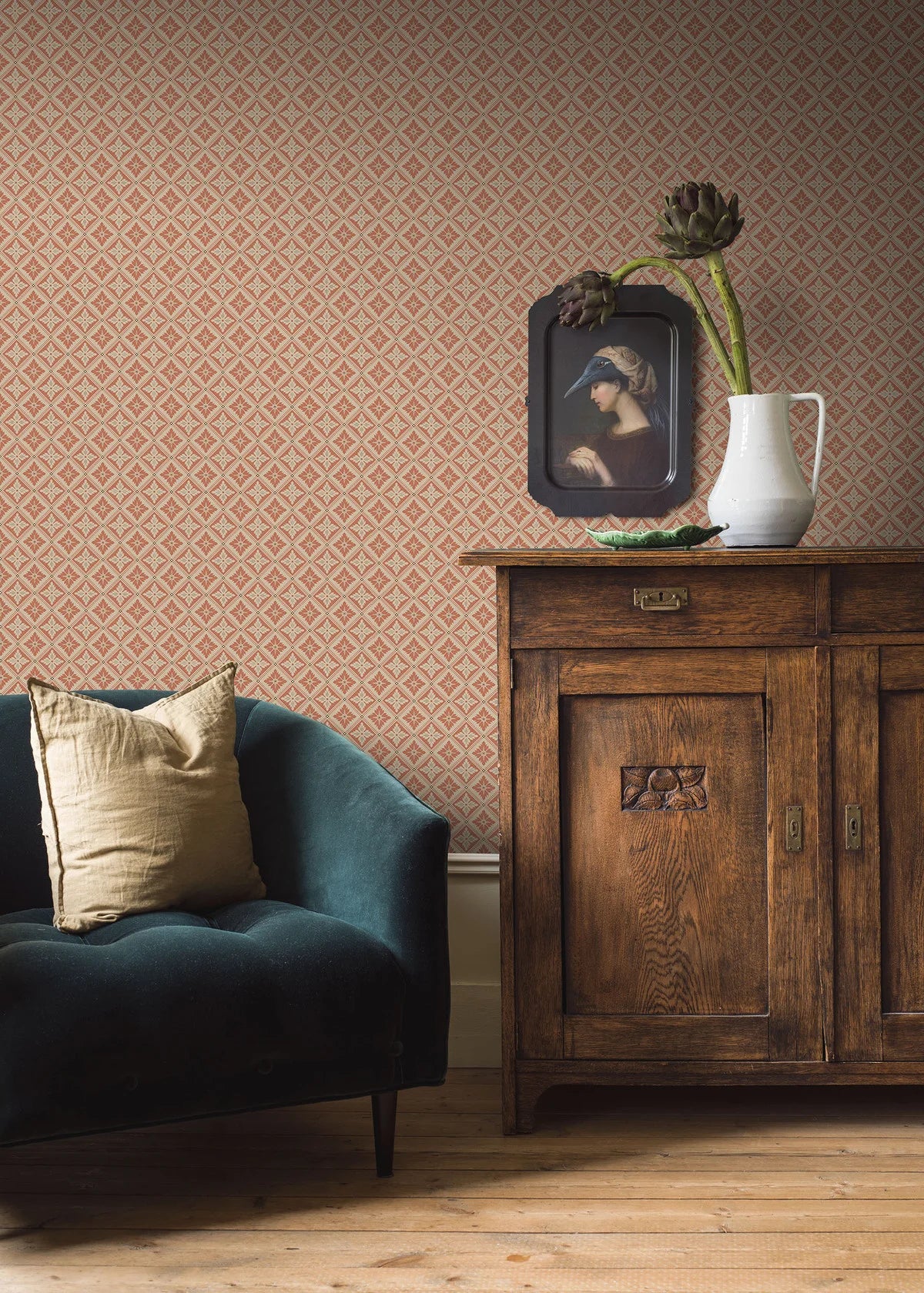 Non-woven paper wallpaper with geometric pattern LOKA burnt orange with beige