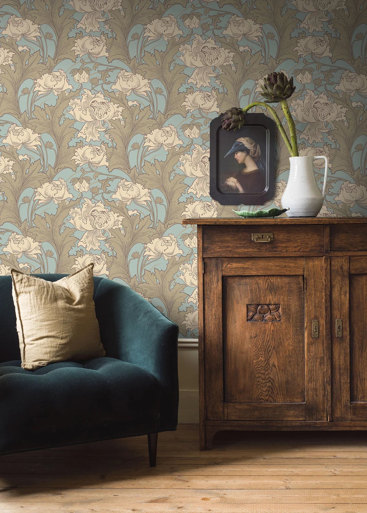 Tapeta flizelinowa papierowa z roślinnym wzorem SIRI kremowy z turkusowym
