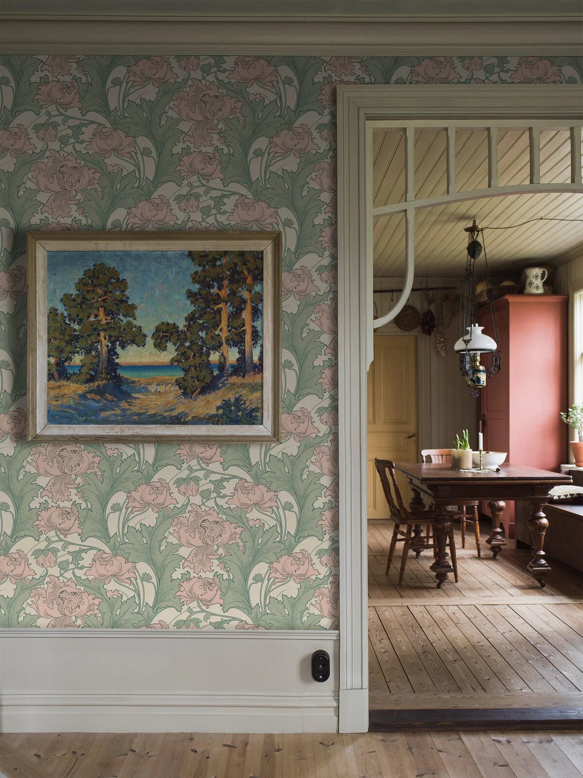 Tapeta flizelinowa papierowa z roślinnym wzorem SIRI pastelowy róż z beżem i zielonym