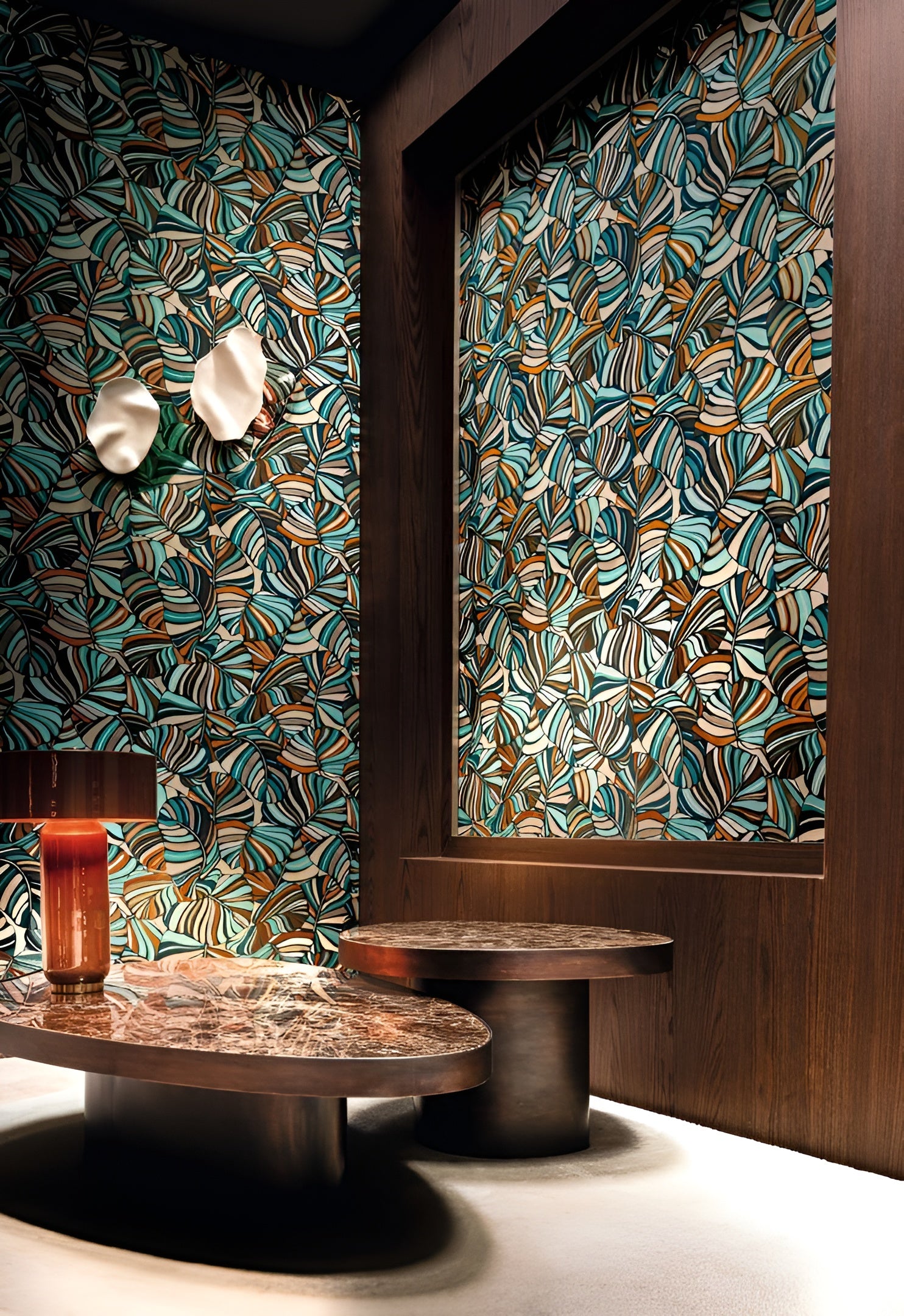 Textile wallpaper with a tropical leaf pattern PACHIRA - CELADON green with orange