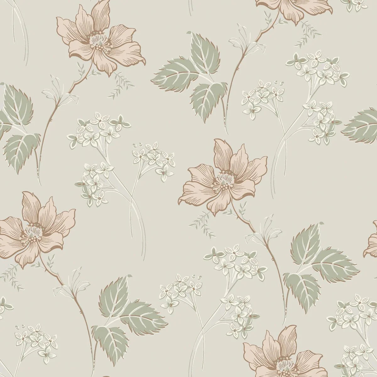 Tapete mit pflanzlichem Blumenmotiv VALBORG beige mit grün
