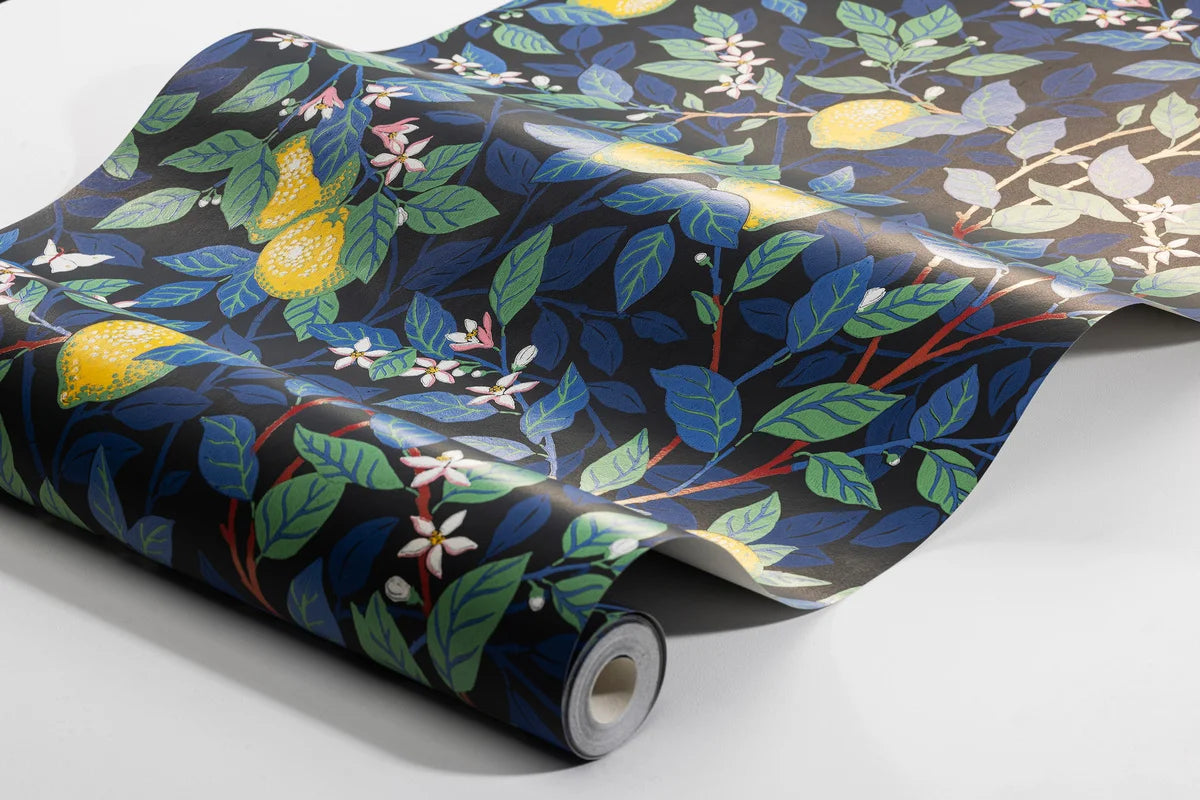 Tapeta flizelinowa papierowa z roślinnym wzorem CITRONTRÄD niebieski z żółtym