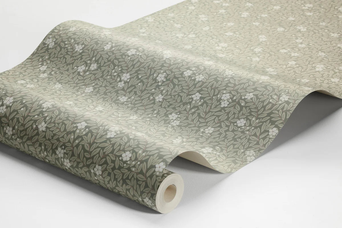 Tapeta z roślinnym motywem kwiatów i liści MYRTEN zielony z białym