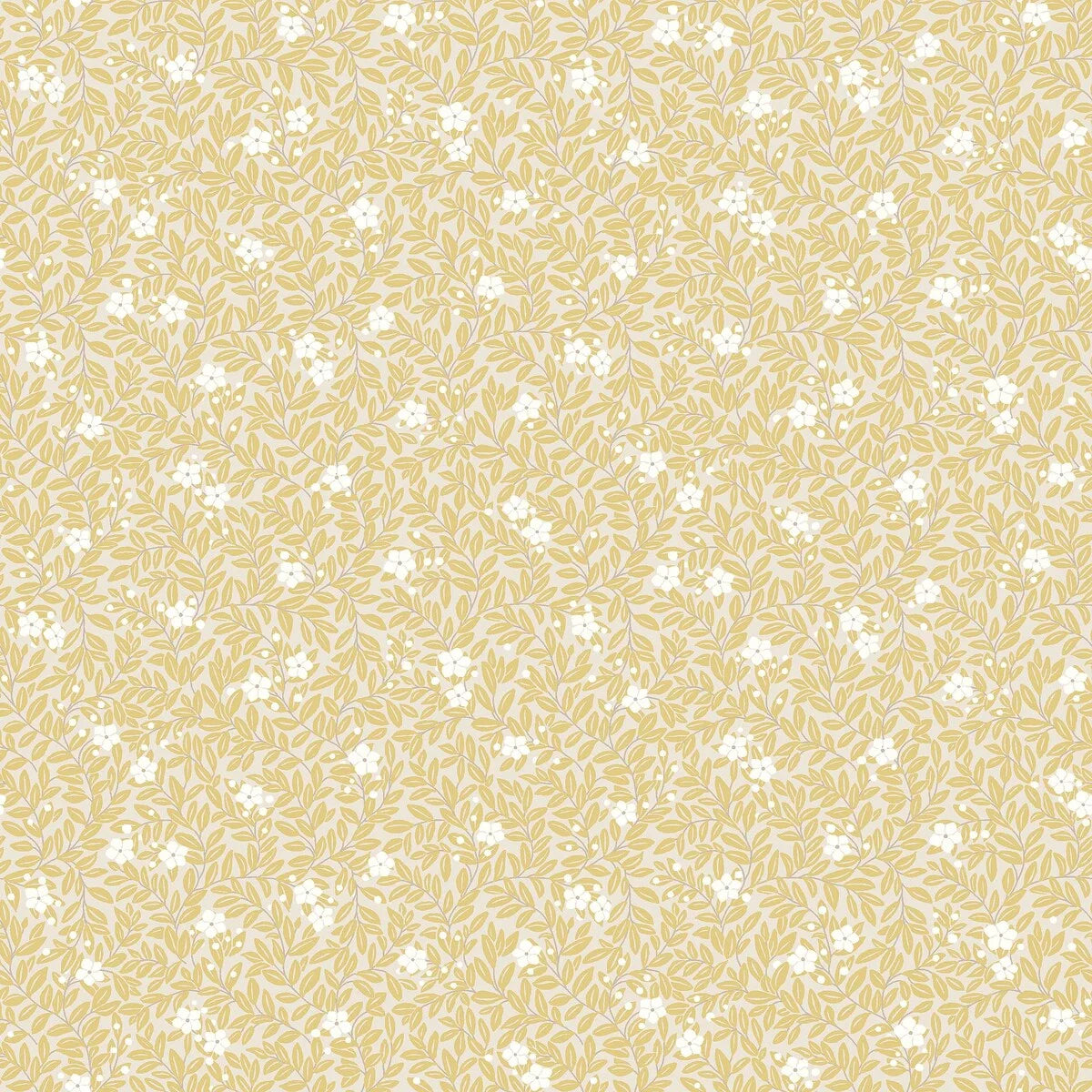 Tapeta z roślinnym motywem kwiatów i liści MYRTEN żółty z białym