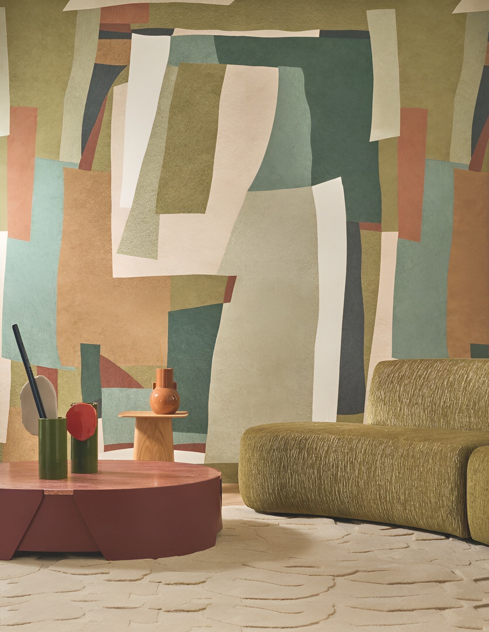 Mural tekstylny z abstrakcyjnym motywem VERNISSAGE - MULTICOLORE zieleń z beżem i morskim niebieskim