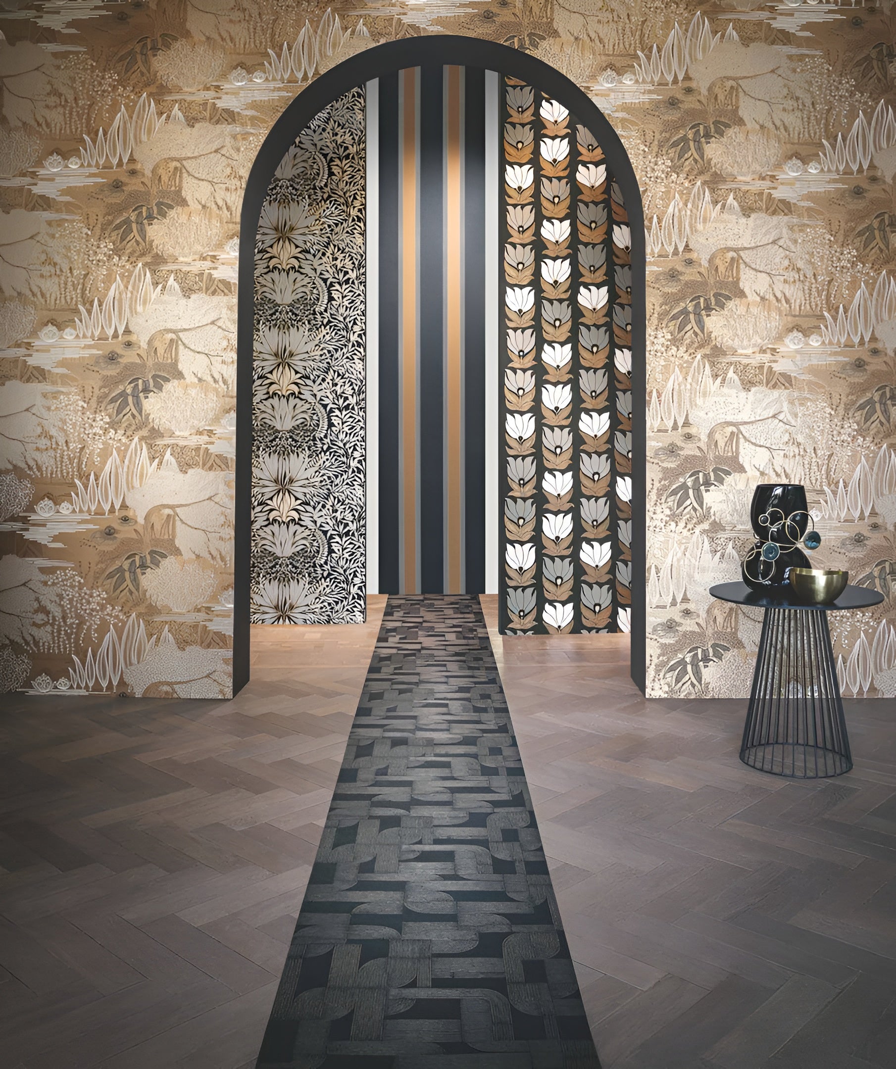 Tapeta z krajobrazem roślinnym ogrodu wodnego JASMIN - GREGE/VERT ARGILE zgaszony beżowy z zielonym