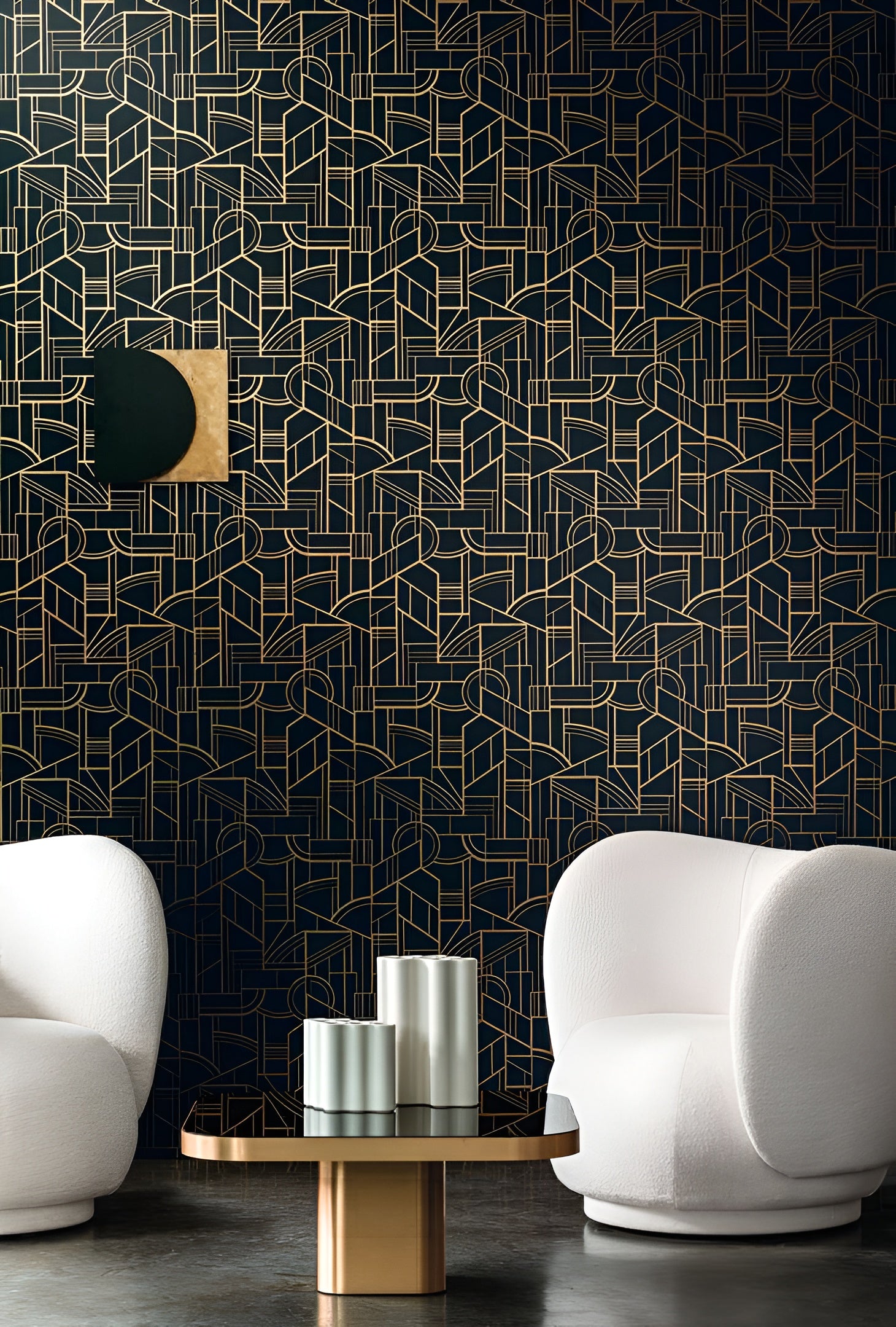 Metallic textile wallpaper with an Art Deco geometric pattern REIMS - CELADON green with gold
