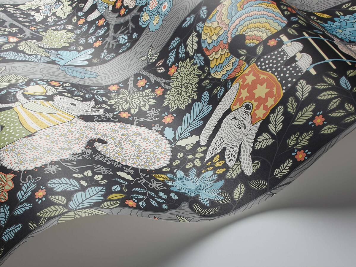 Tapeta dziecięca z motywem baśniowego lasu CHARLIE czarny z niebieskim