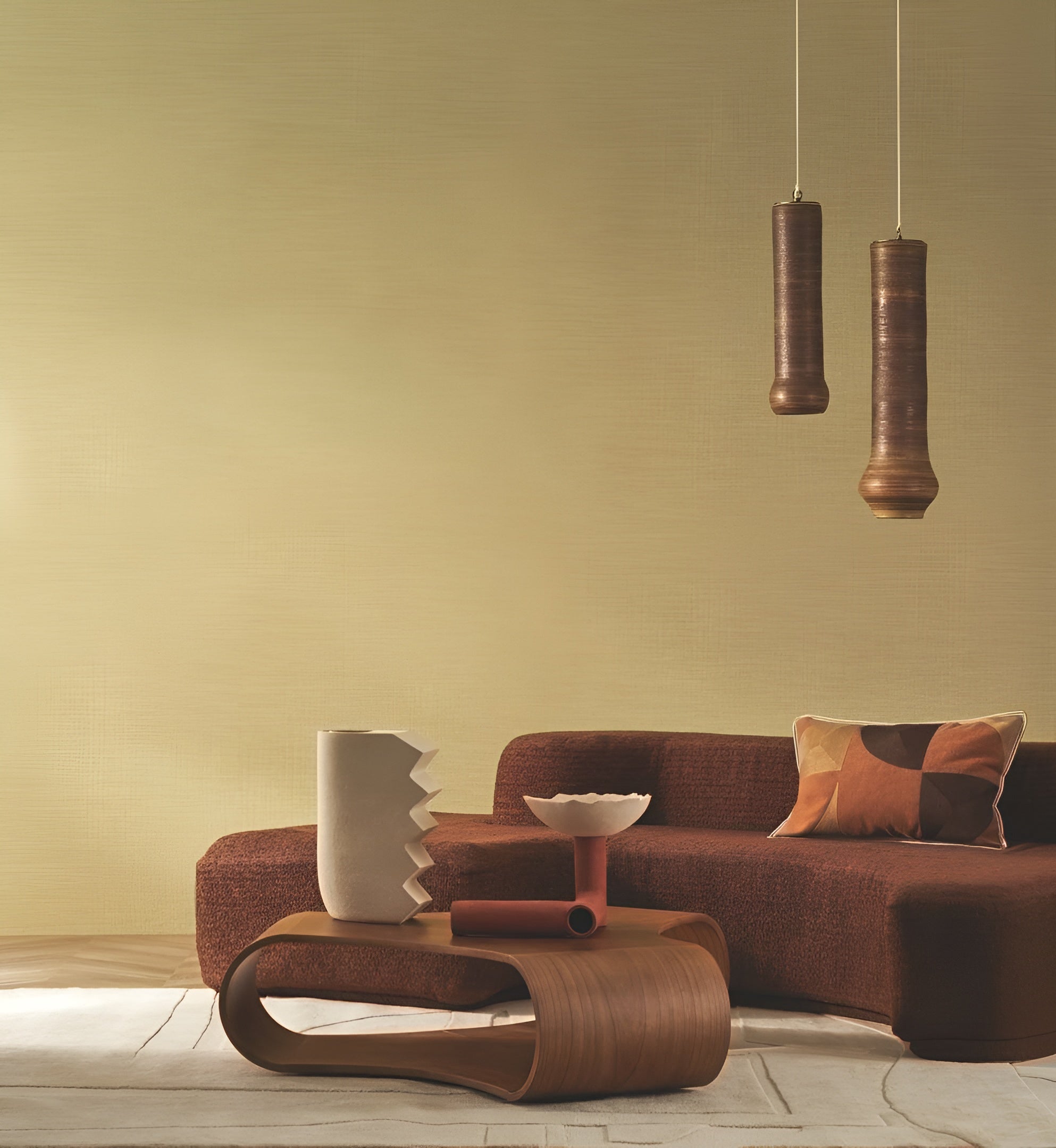 Structural wallpaper resembling linen canvas SHINOK - CHARTREUSE yellow-green