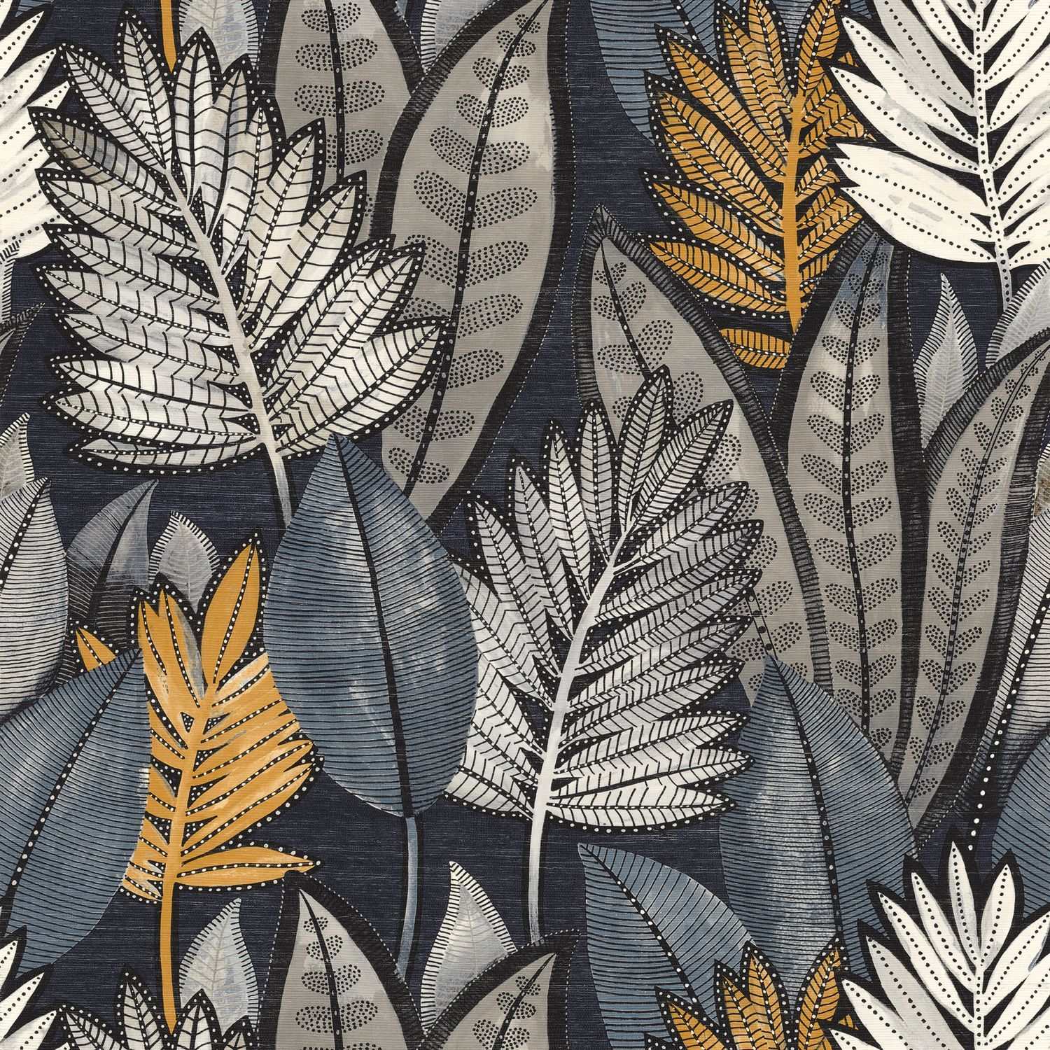 SABAL Structural Wallpaper with Plant Motif - Anthracite with Yellow