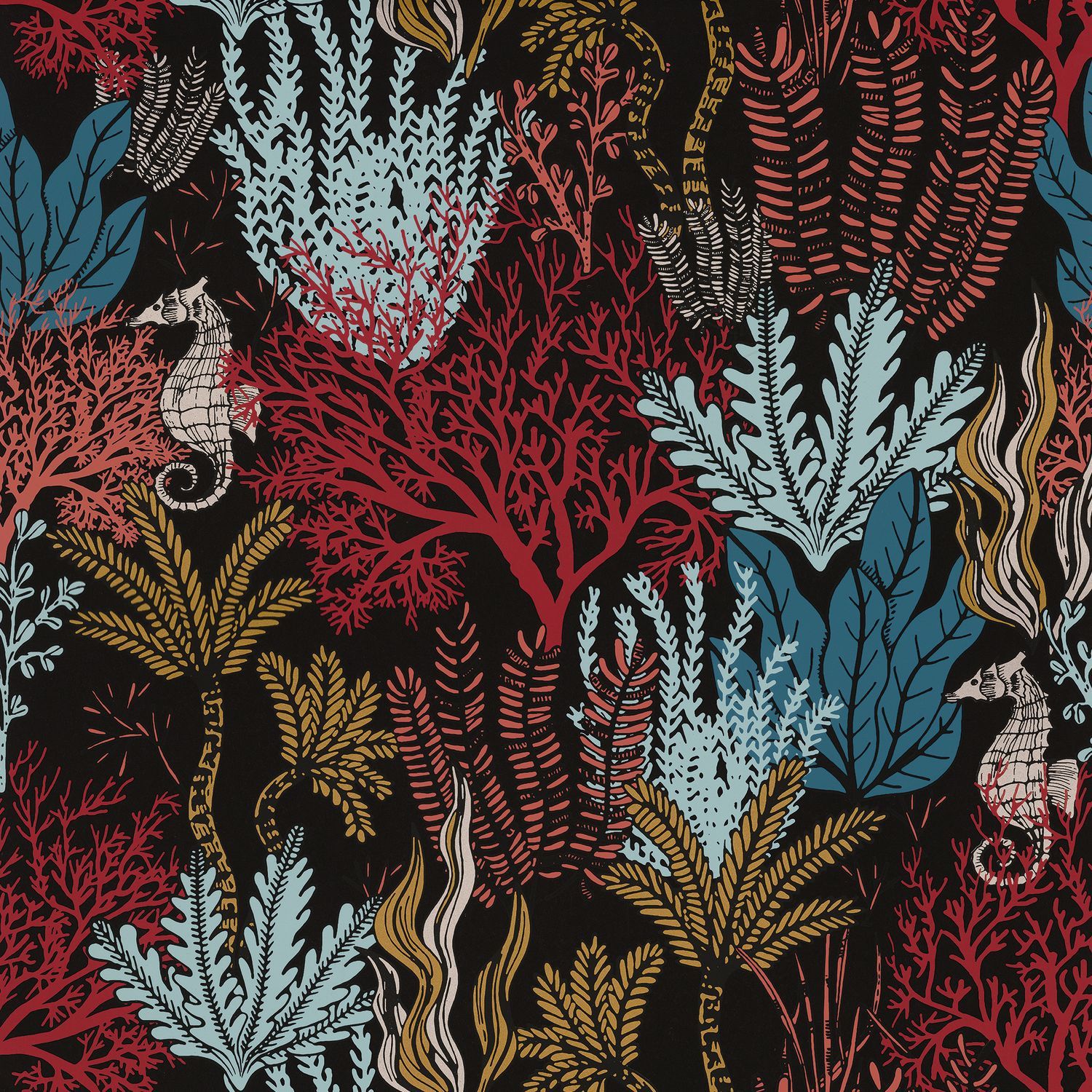 Marine Plant Motif Wallpaper POSIDONIE - MULTICO Black with Red and Blue