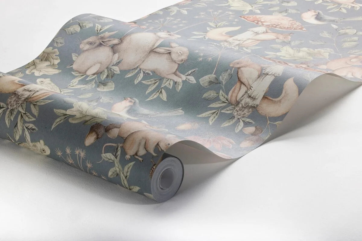 Kinder-Tapete mit Tiermotiv MINOU, gedämpftes Blau