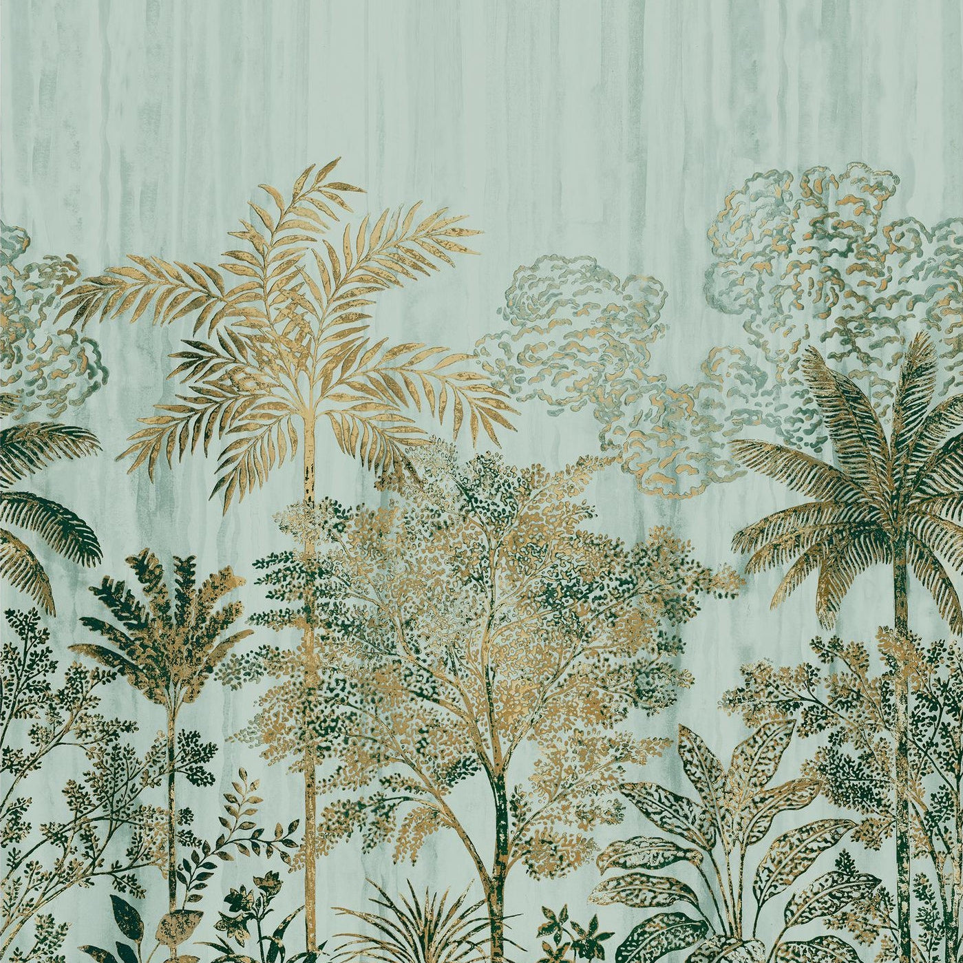 Mural z motywem roślinnym palm SIWA - OPALINE/DORÉ zielony ze złotym