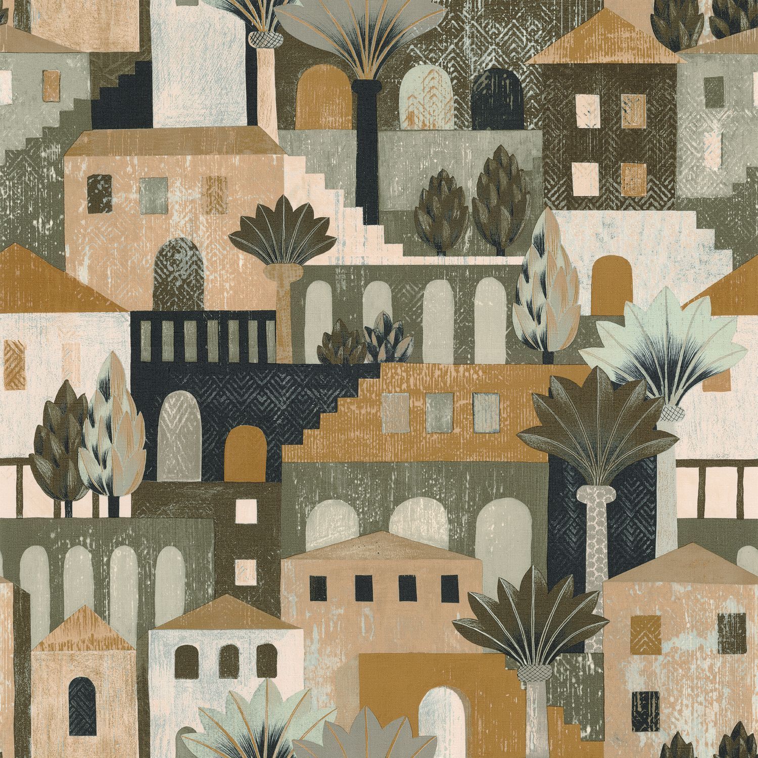 Tapeta strukturalna z krajobrazem miasta MONTEROSSO - KAKI/MOUTARDE khaki z musztardowym