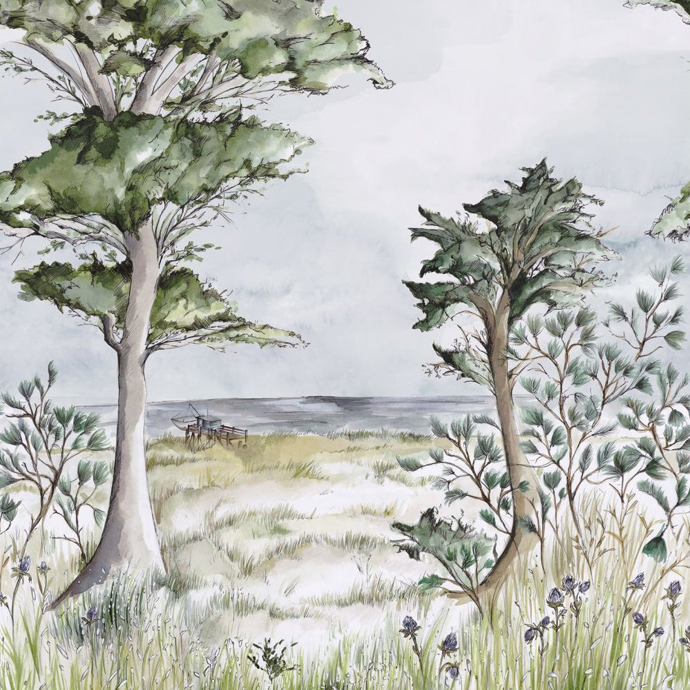 Wandbild mit maritimem Pflanzenlandschaft PORNIC INT - CYPRES/CIEL gedämpftes Grün mit Blau