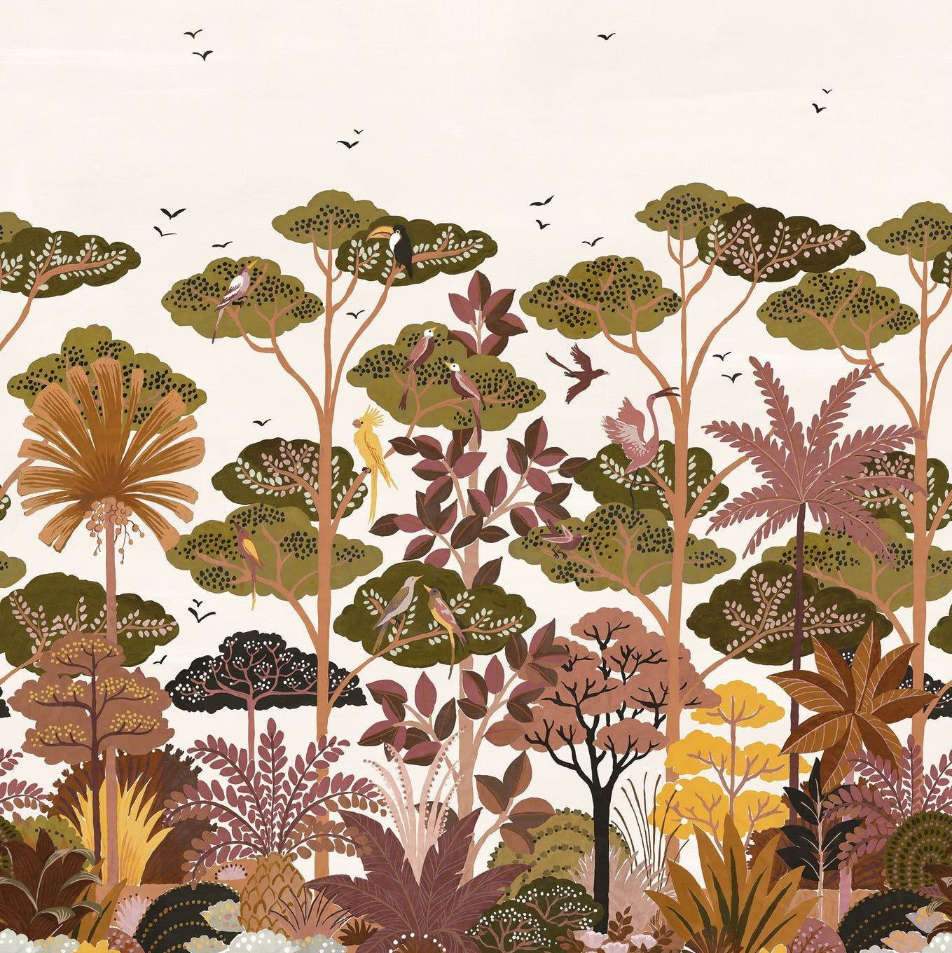 Mural strukturalny z motywem roślinnym drzew KANDY - BLANC/MULTICO beżowy z zielonym