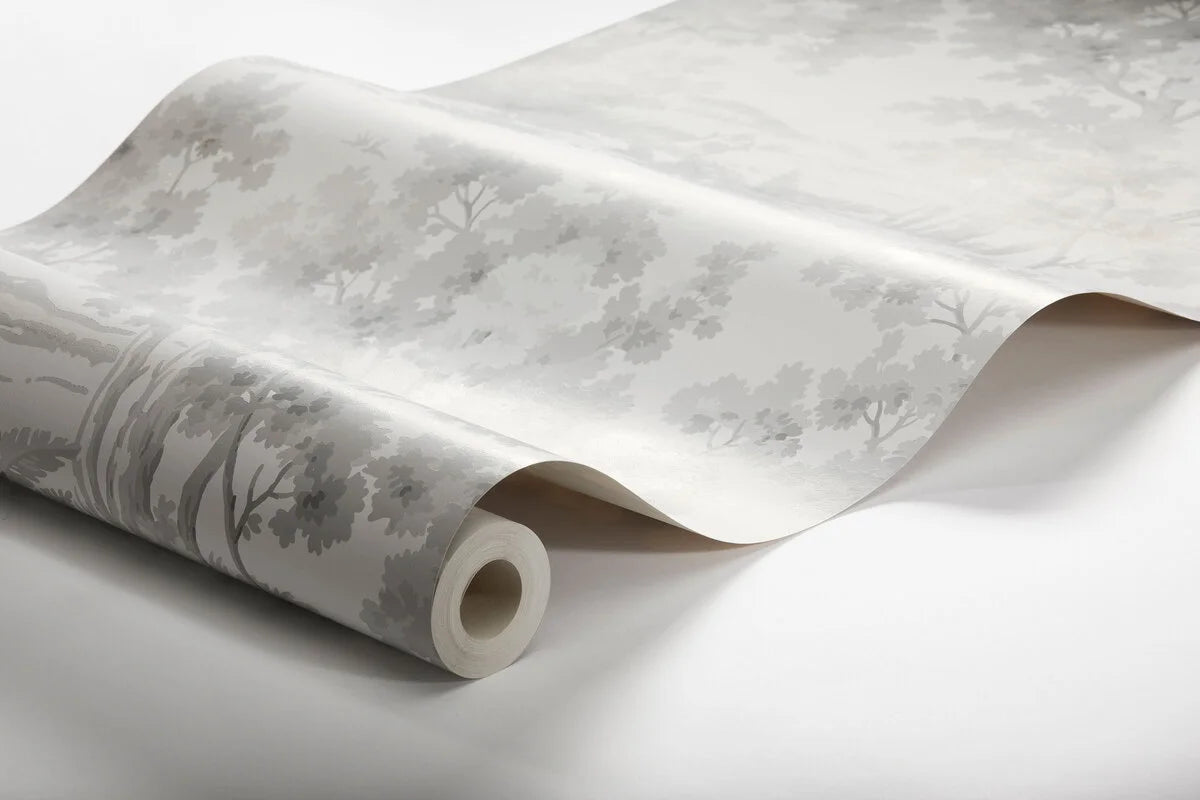 Non-woven paper wallpaper with a botanical pattern COUNTRYSIDE MORNING white with gray