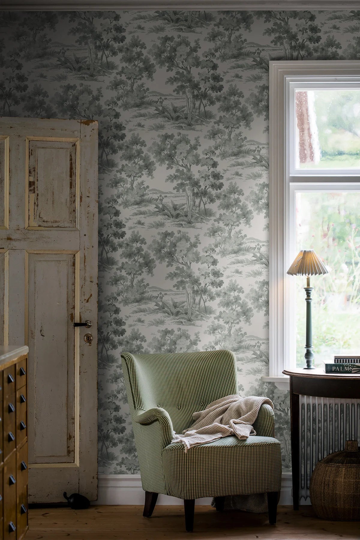 Tapeta flizelinowa papierowa z roślinnym wzorem COUNTRYSIDE MORNING beżowy z zielonym