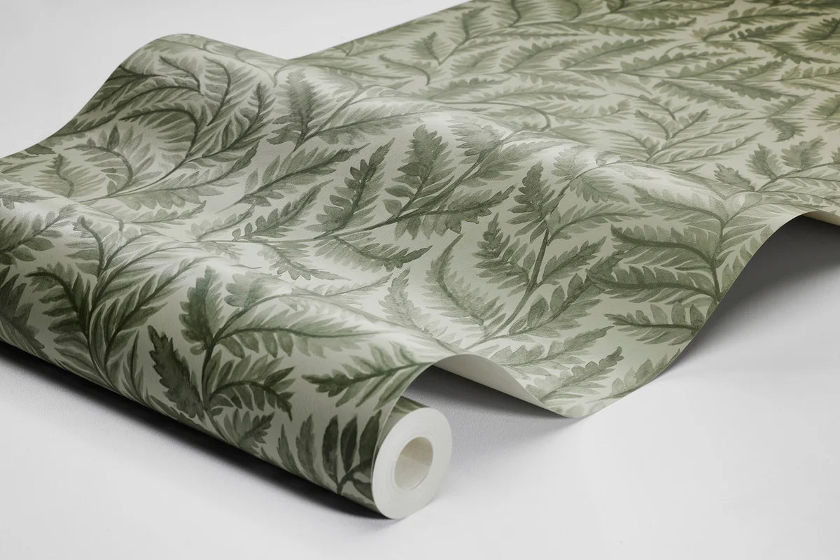 Non-woven paper wallpaper with a plant pattern FERNS green