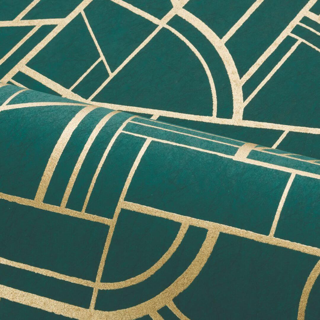 Tapeta metaliczna z geometrycznym wzorem CINÉTIQUE - VERT CANARD/DORÉ zielony ze złotym