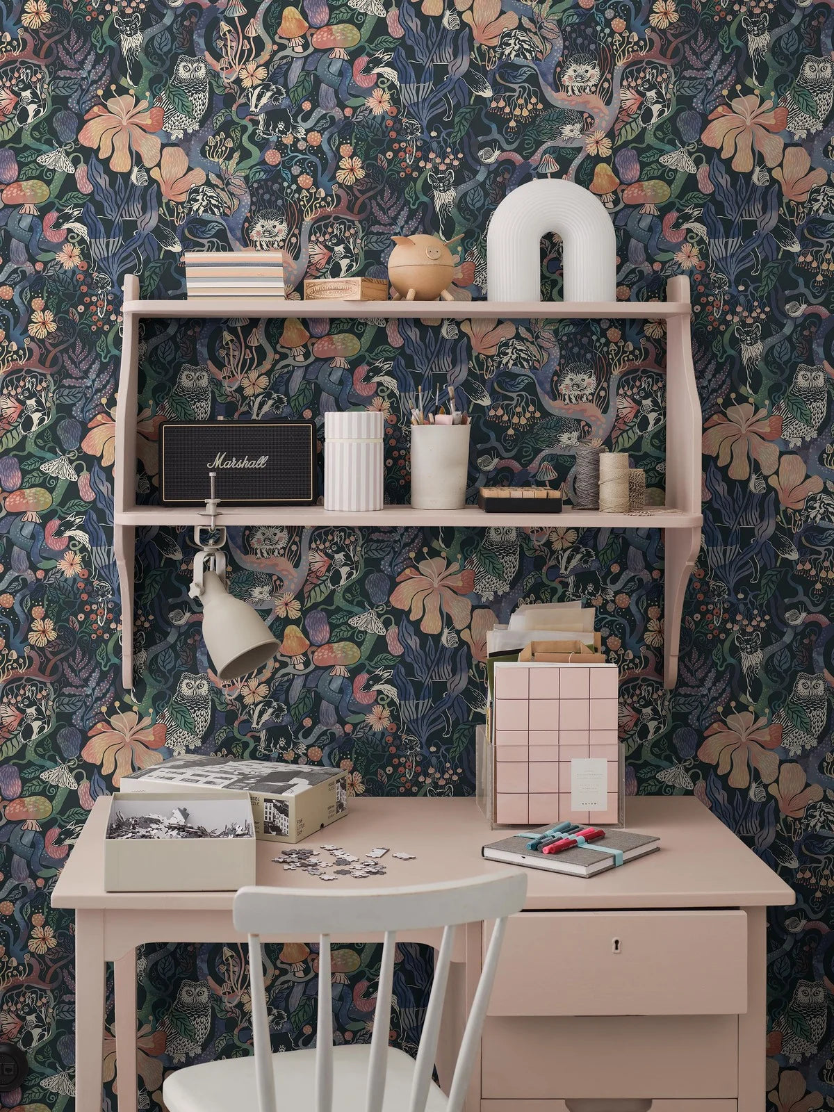 Children's wallpaper with a fairy tale forest theme MAGIC WOODS blue with pink