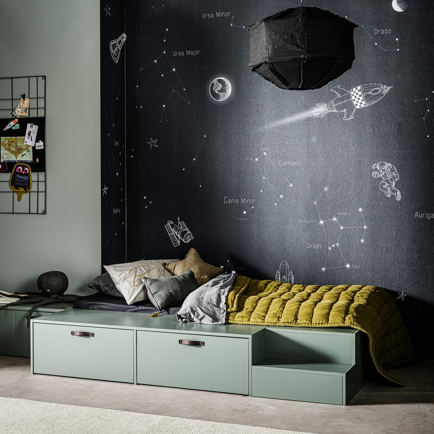 Stage Bed with Drawers in Gray-Green
