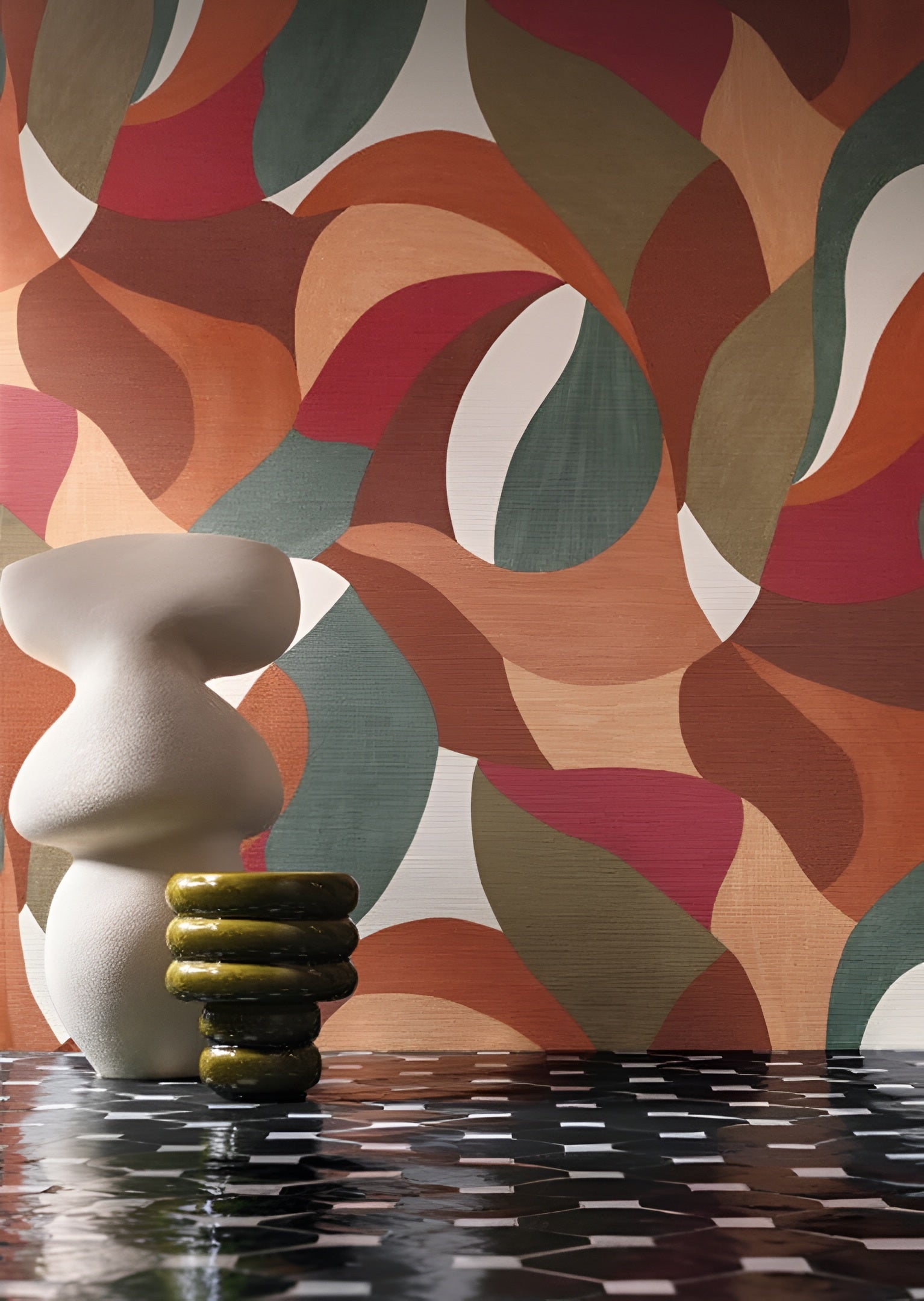 Tapeta z motywem roślinnym abstrakcyjnym w liście MANDORLA - ORANGE BRULEE/VERT IMPERIAL pomarańczowy z zielonym